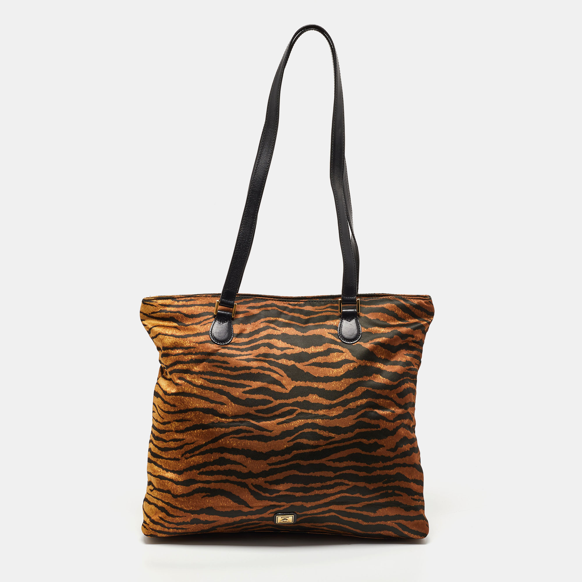 Moschino brown/black zebra print fabric and leather zip tote