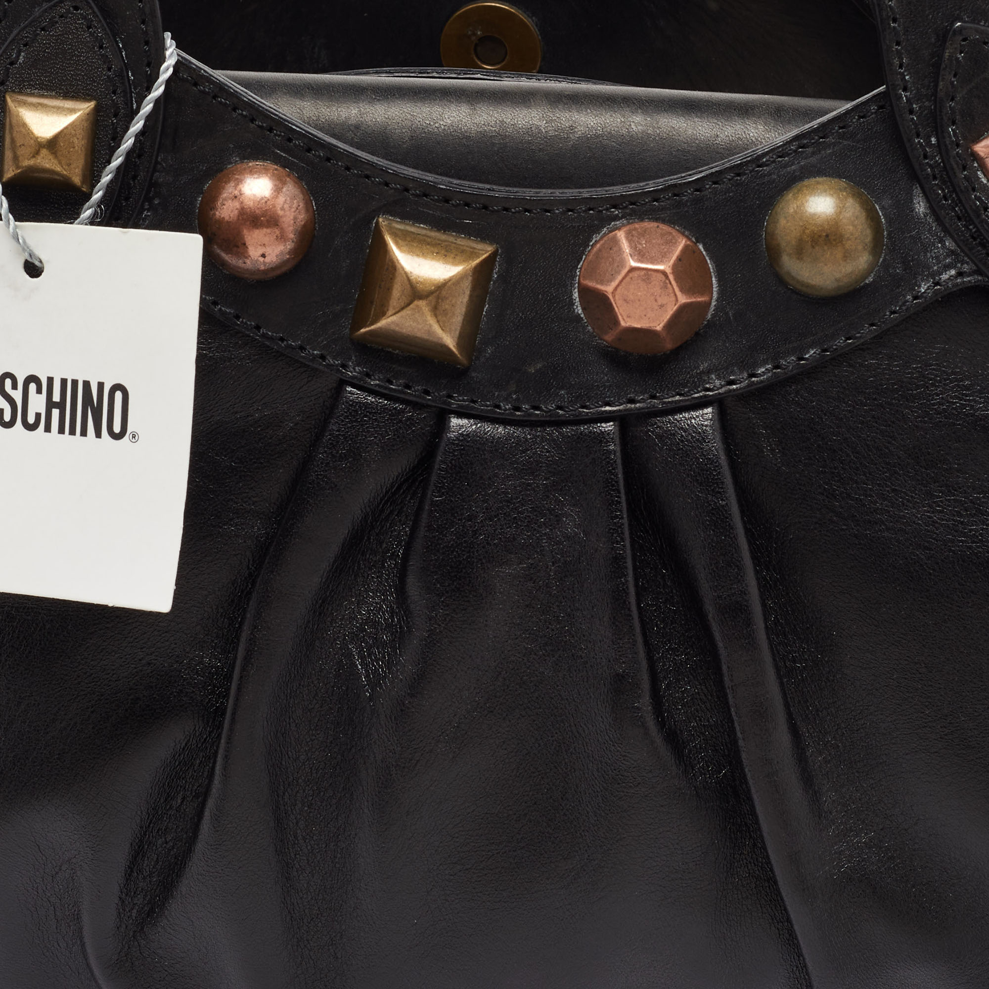 Moschino Black Leather Embellished Chain Link Satchel