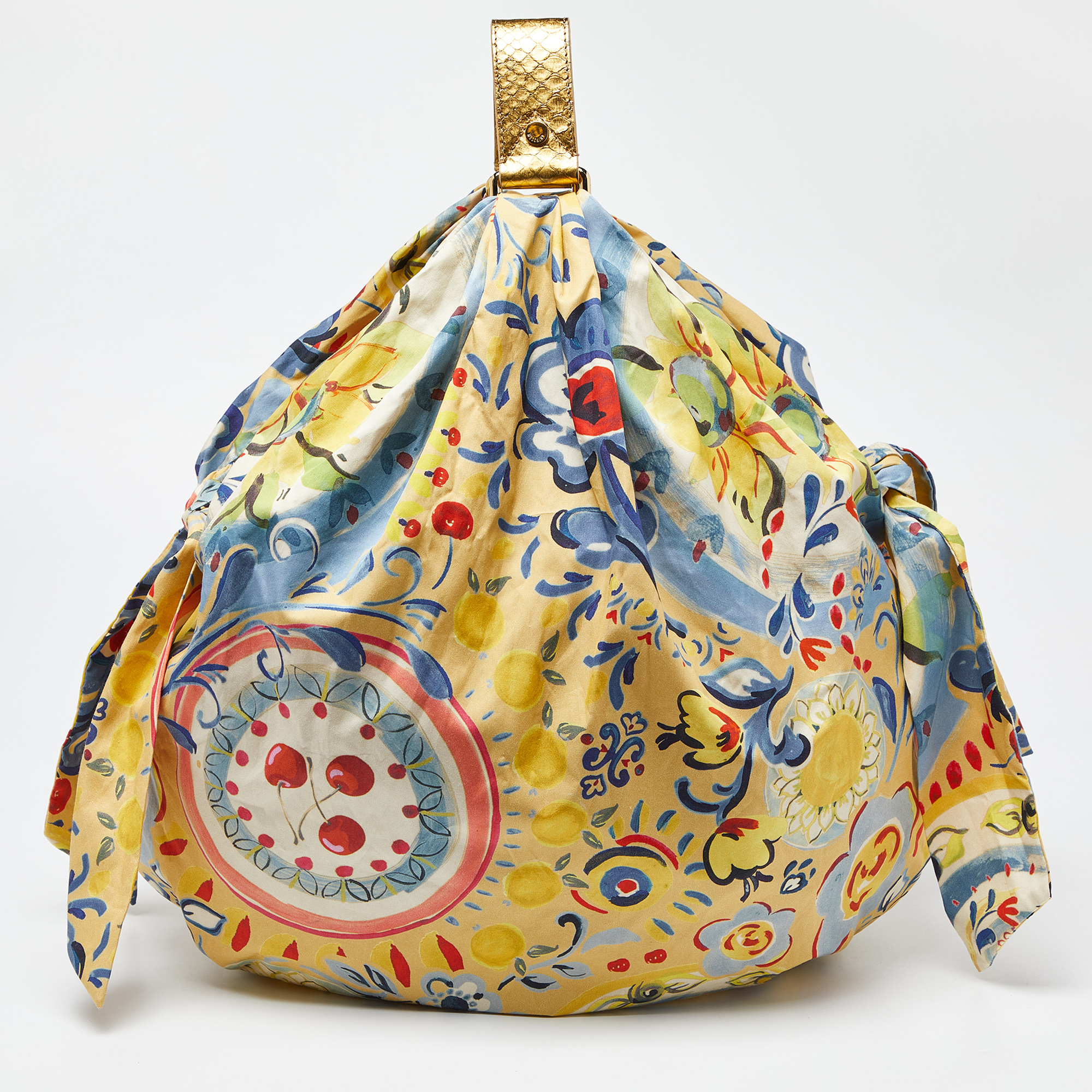 Moschino Multicolor Floral Print Fabric And Watersnake Leather Hobo