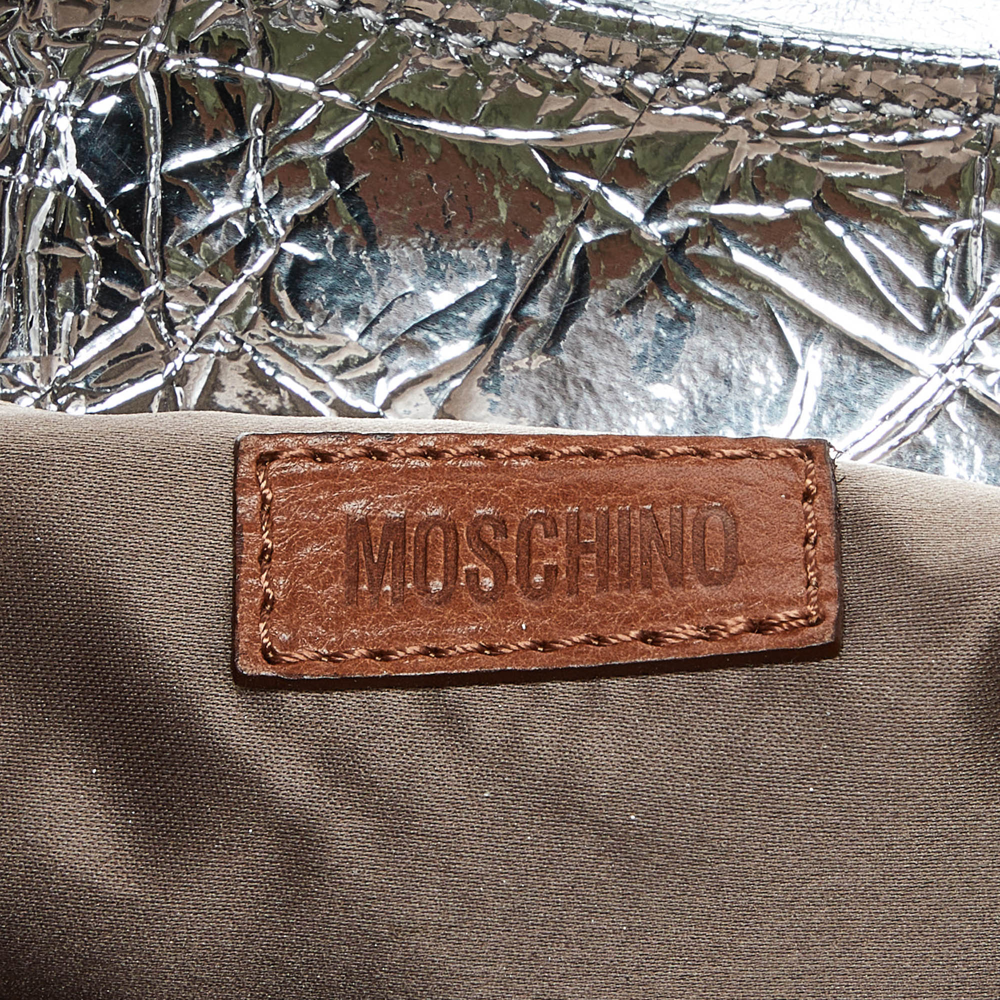 Moschino Metallic Silver/Tan Foil Leather Flap Satchel