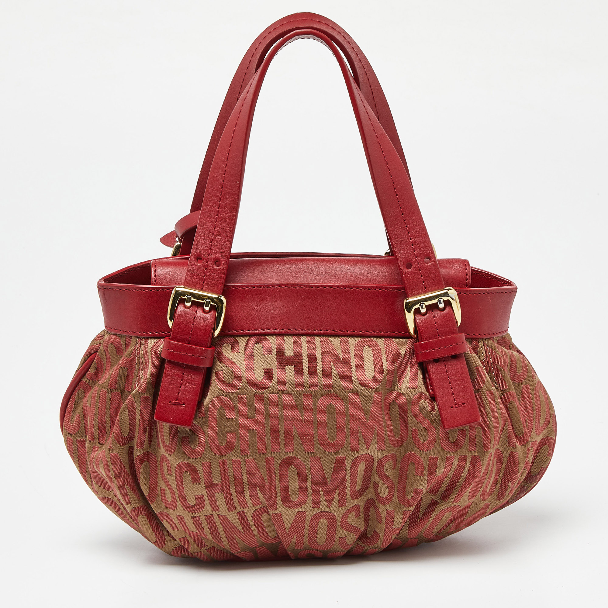 Moschino Red Signature Canvasand Leather Heart Charm Hobo