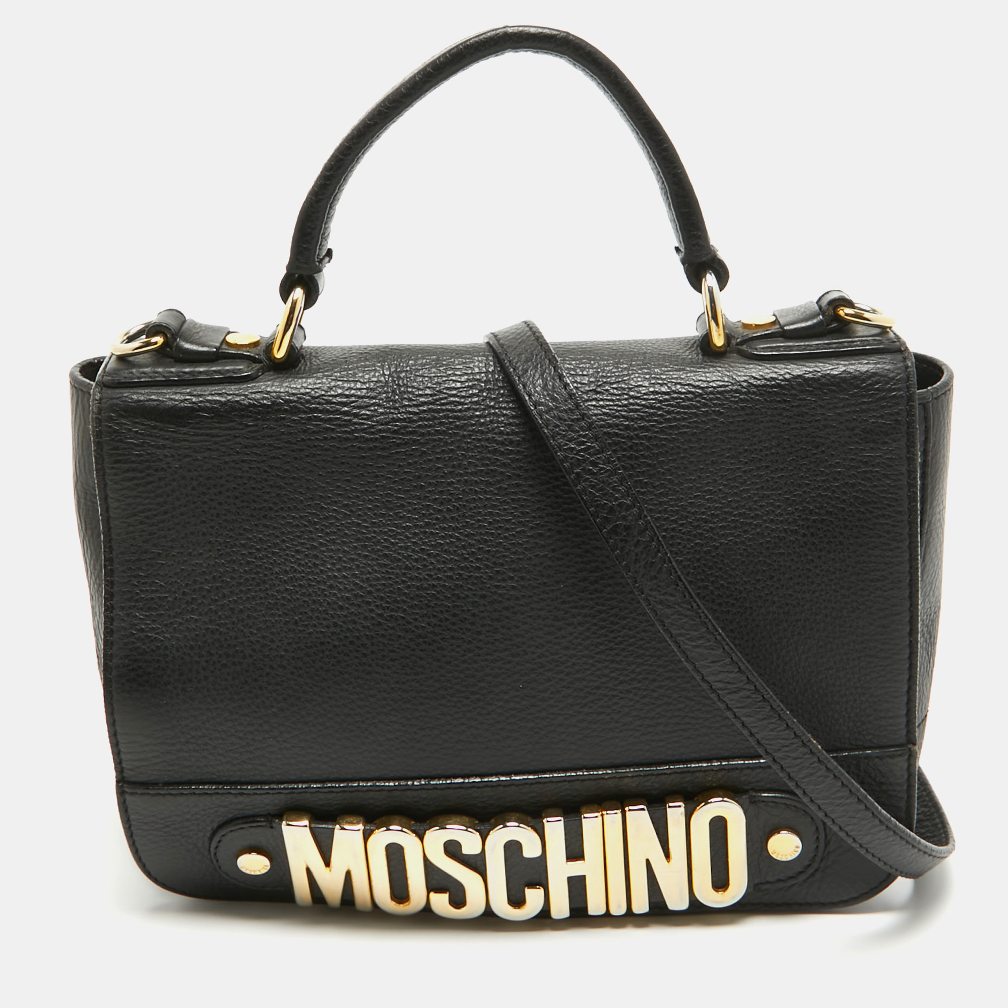 Moschino black leather logo flap top handle bag