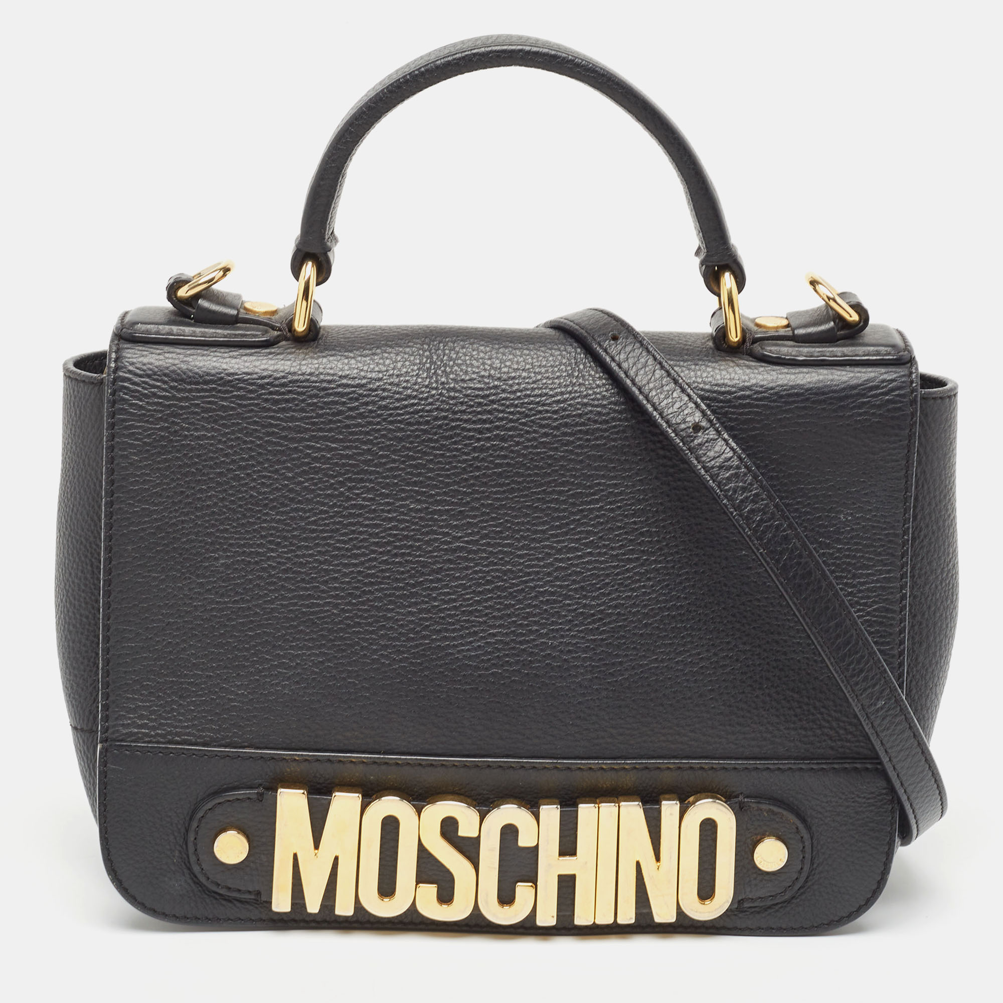 Moschino black leather classic logo top handle bag