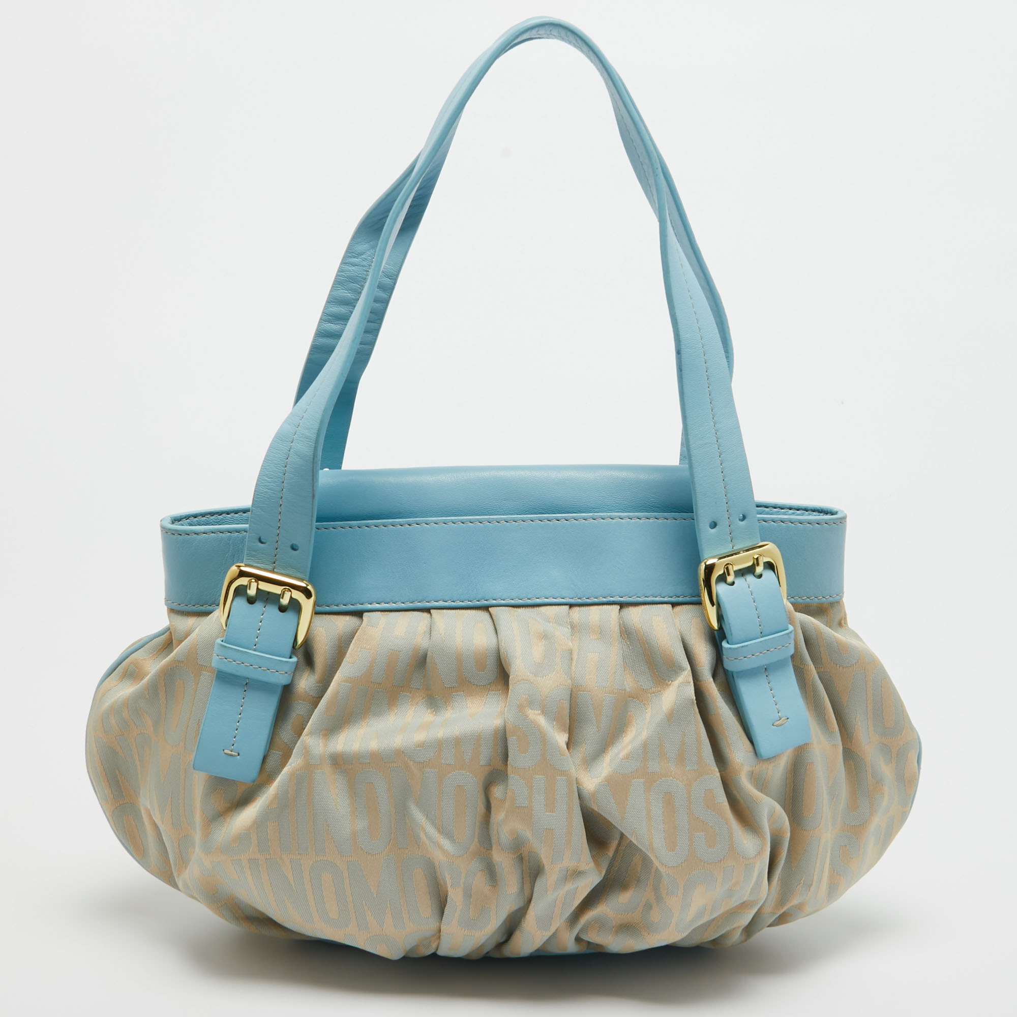 Moschino light blue/beige monogram canvas and leather flap hobo