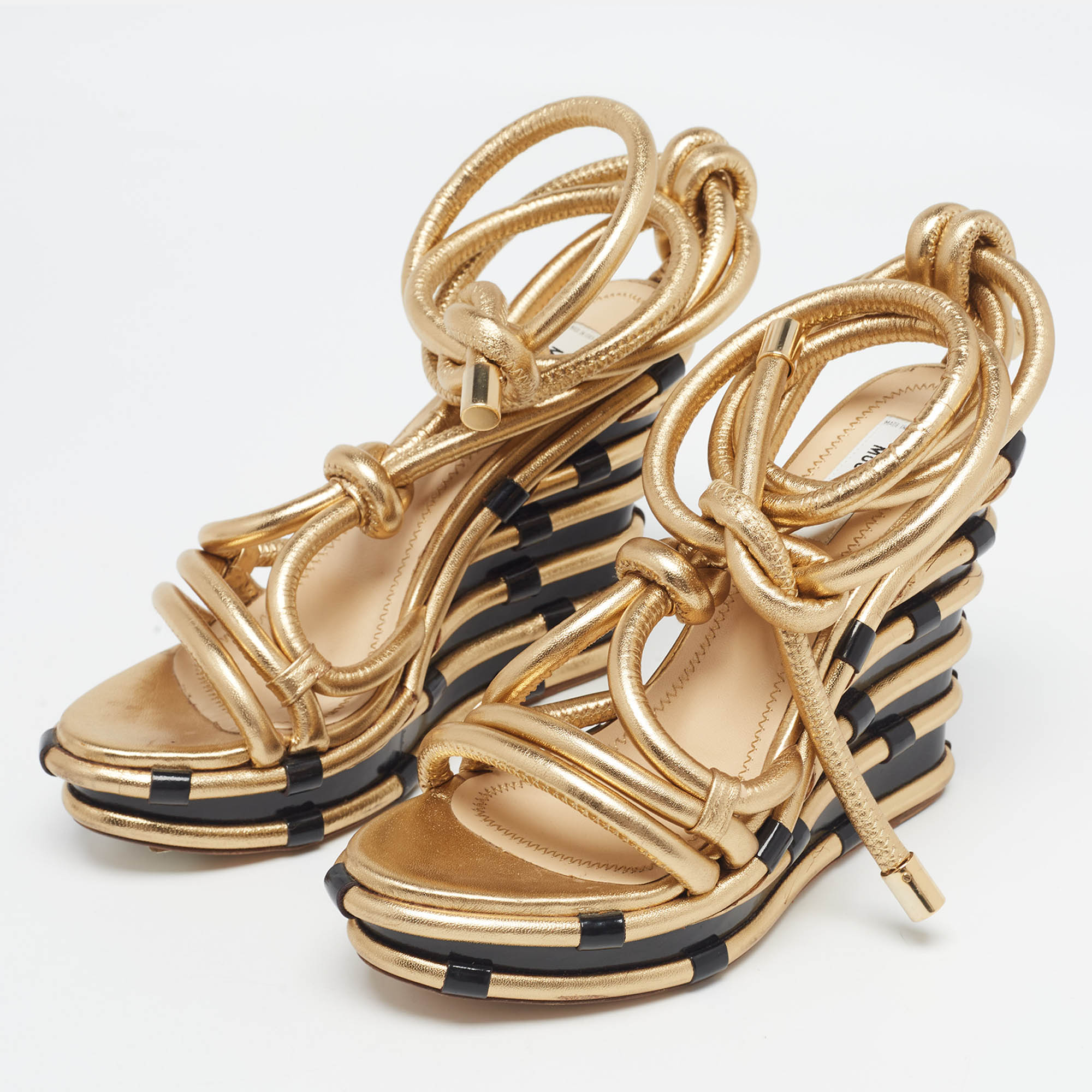 Moschino Metallic Gold Leather Wedge Ankle Wrap Sandals Size 37.5