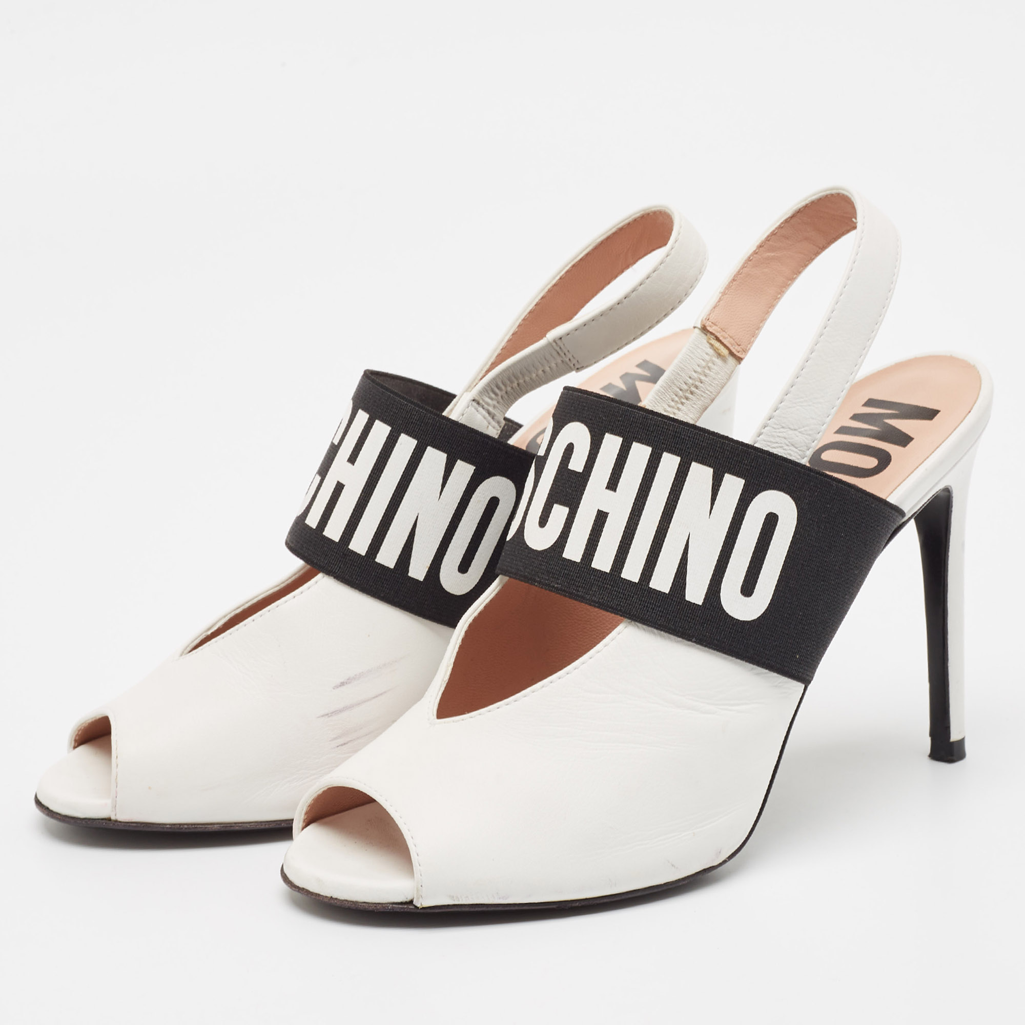 Moschino White/Black Leather And Elastic Logo Open Toe Slingback Pumps Size 37