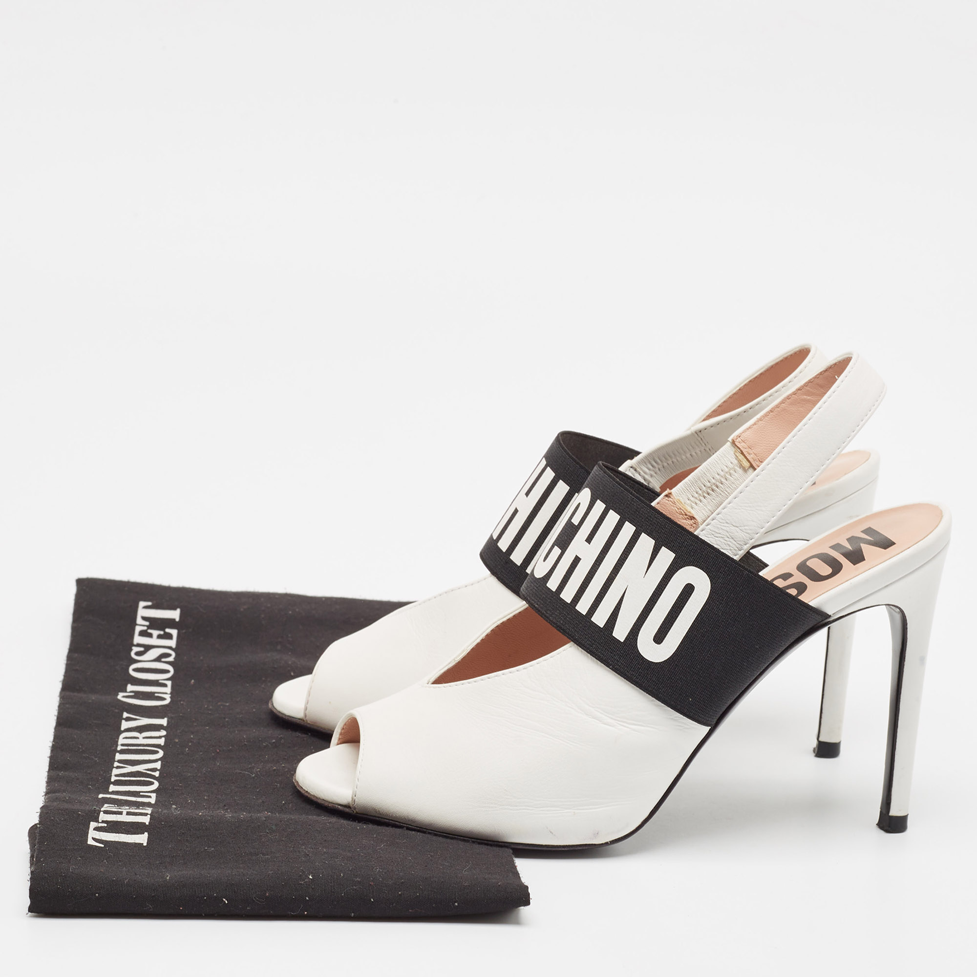 Moschino White/Black Leather And Elastic Logo Open Toe Slingback Pumps Size 37