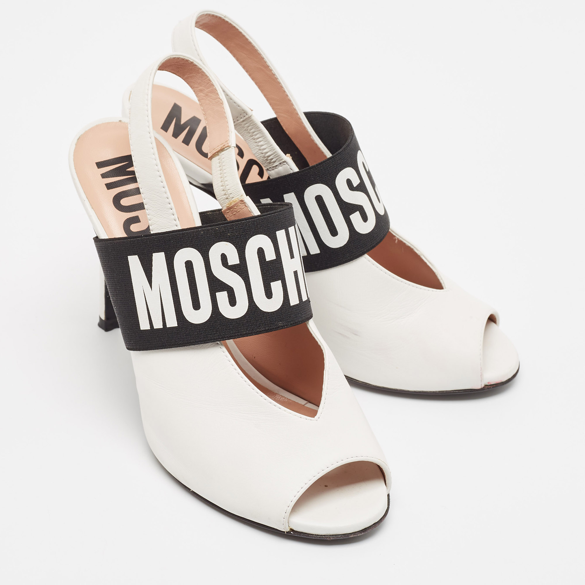 Moschino White/Black Leather And Elastic Logo Open Toe Slingback Pumps Size 37