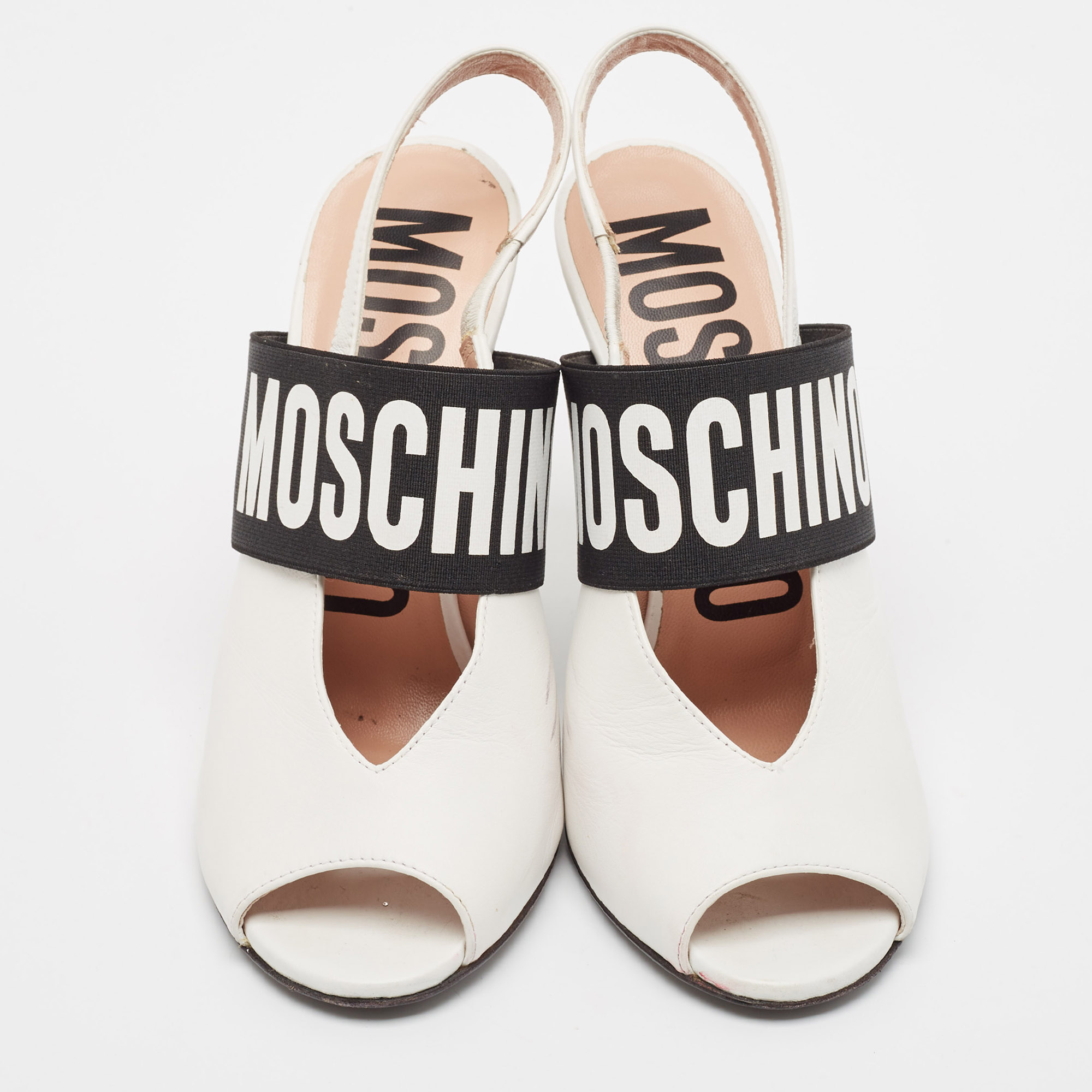 Moschino White/Black Leather And Elastic Logo Open Toe Slingback Pumps Size 37