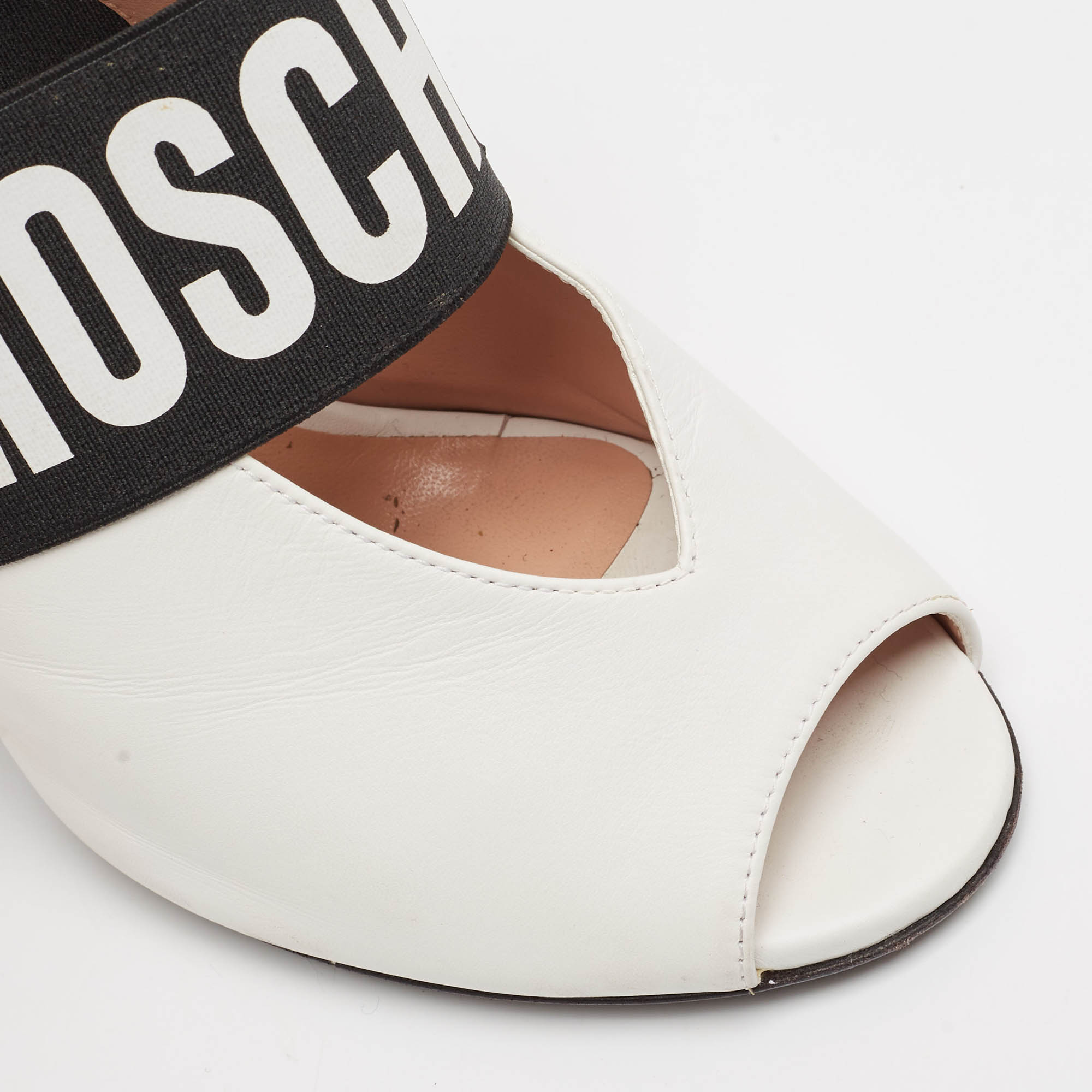 Moschino White/Black Leather And Elastic Logo Open Toe Slingback Pumps Size 37