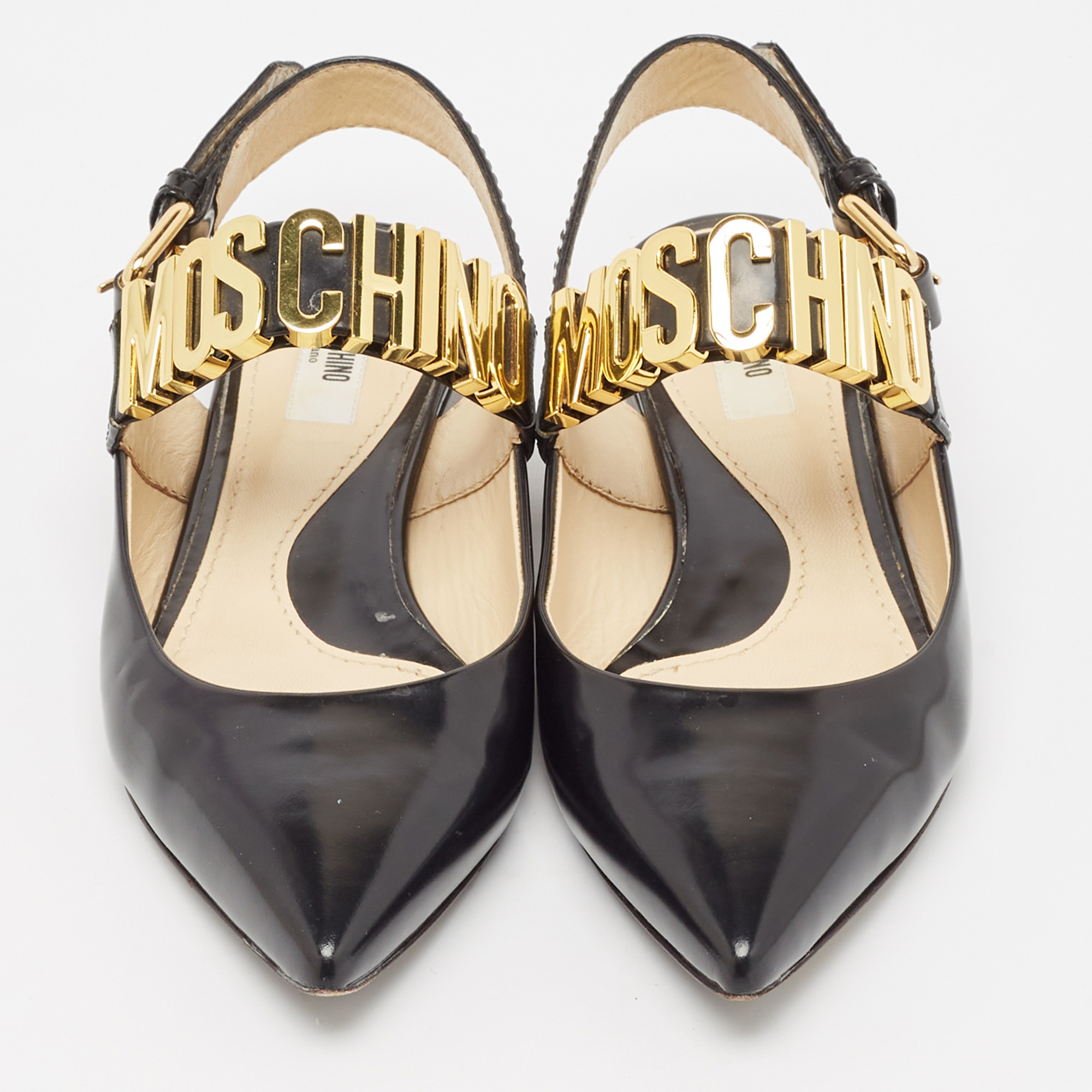 Moschino Black Leather Classic Logo Slingback Flats Size 37