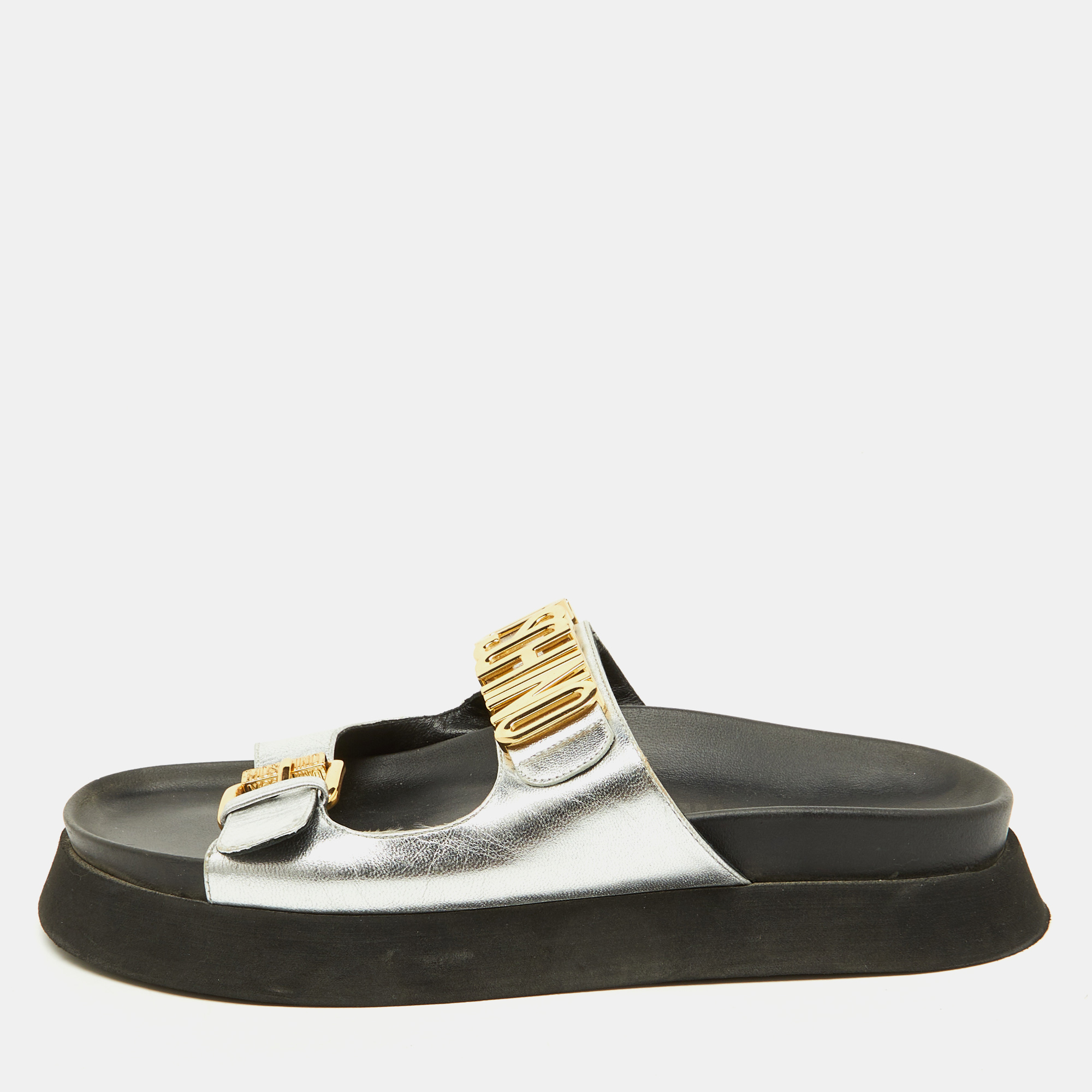 Moschino Silver Leather Logo Buckle Detail Chunky Slide Sandals Size
Moschino Silver Leather Logo Buckle Detail Chunky Slide Sandals Size