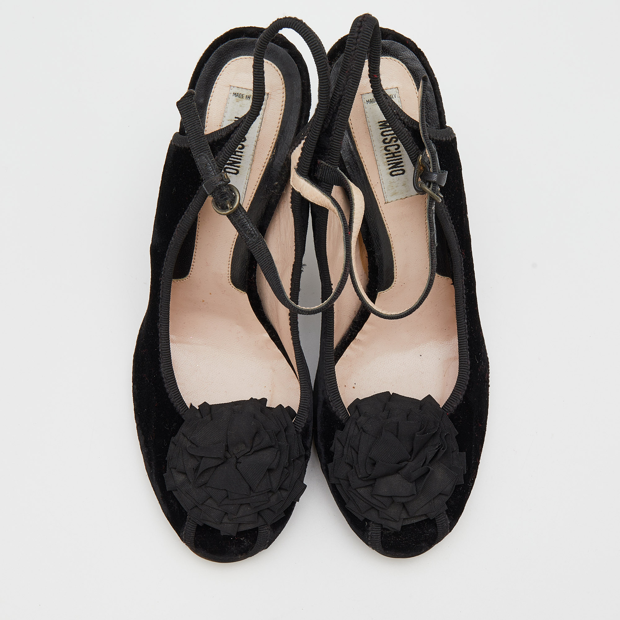 Moschino Black Velvet Flower Embellished Mary Jane Peep Toe Sandals Size 38