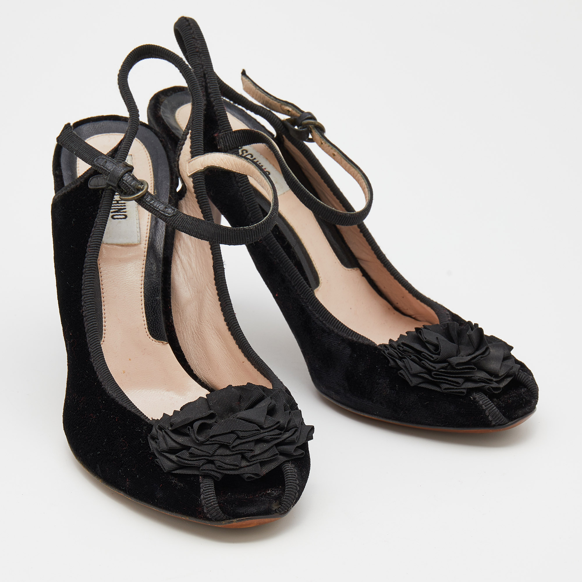 Moschino Black Velvet Flower Embellished Mary Jane Peep Toe Sandals Size 38