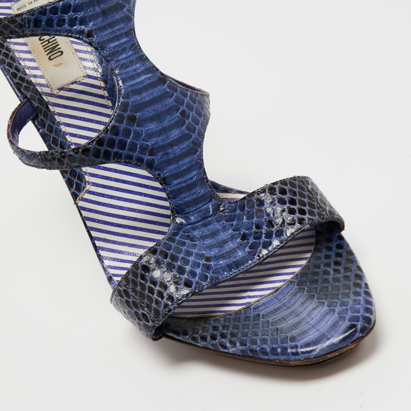 Moschino Blue/Black Python Leather Ankle Strap Sandals Size 37.5