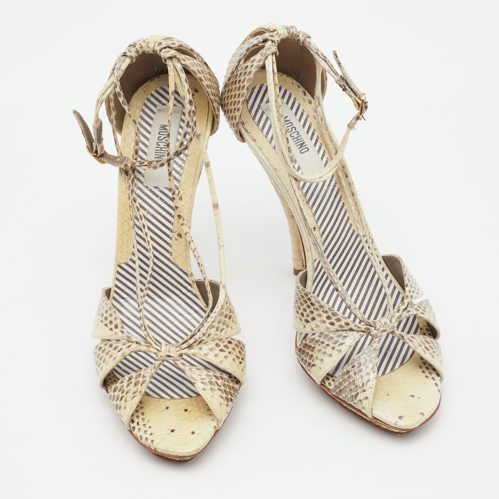 Moschino Cream/Brown Water Snake Ankle Strap Sandals Size 38.5