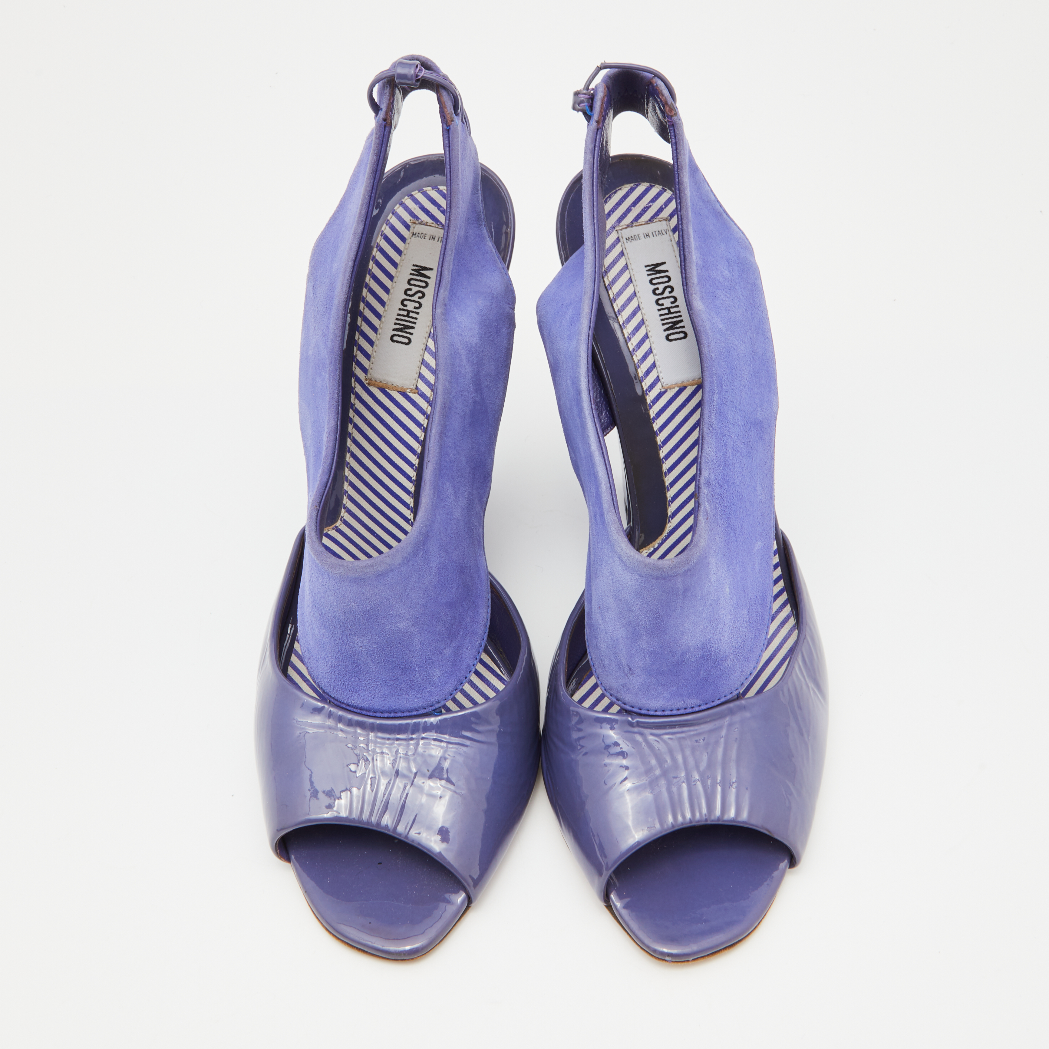 Moschino Blue Suede And Patent Leather Wedge Sandals Size 39
