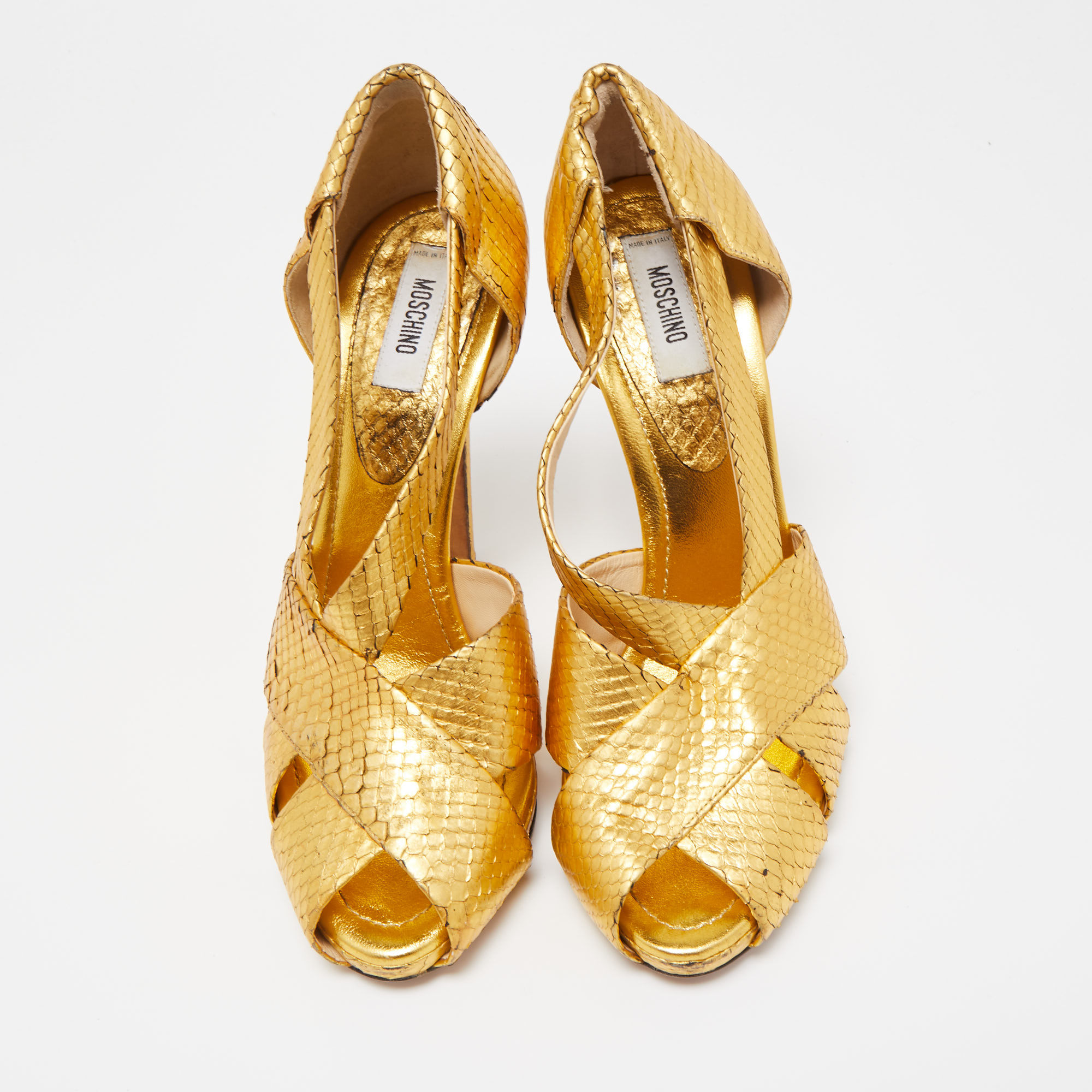 Moschino Gold Python Embossed Leather Peep Toe Pumps Size 40