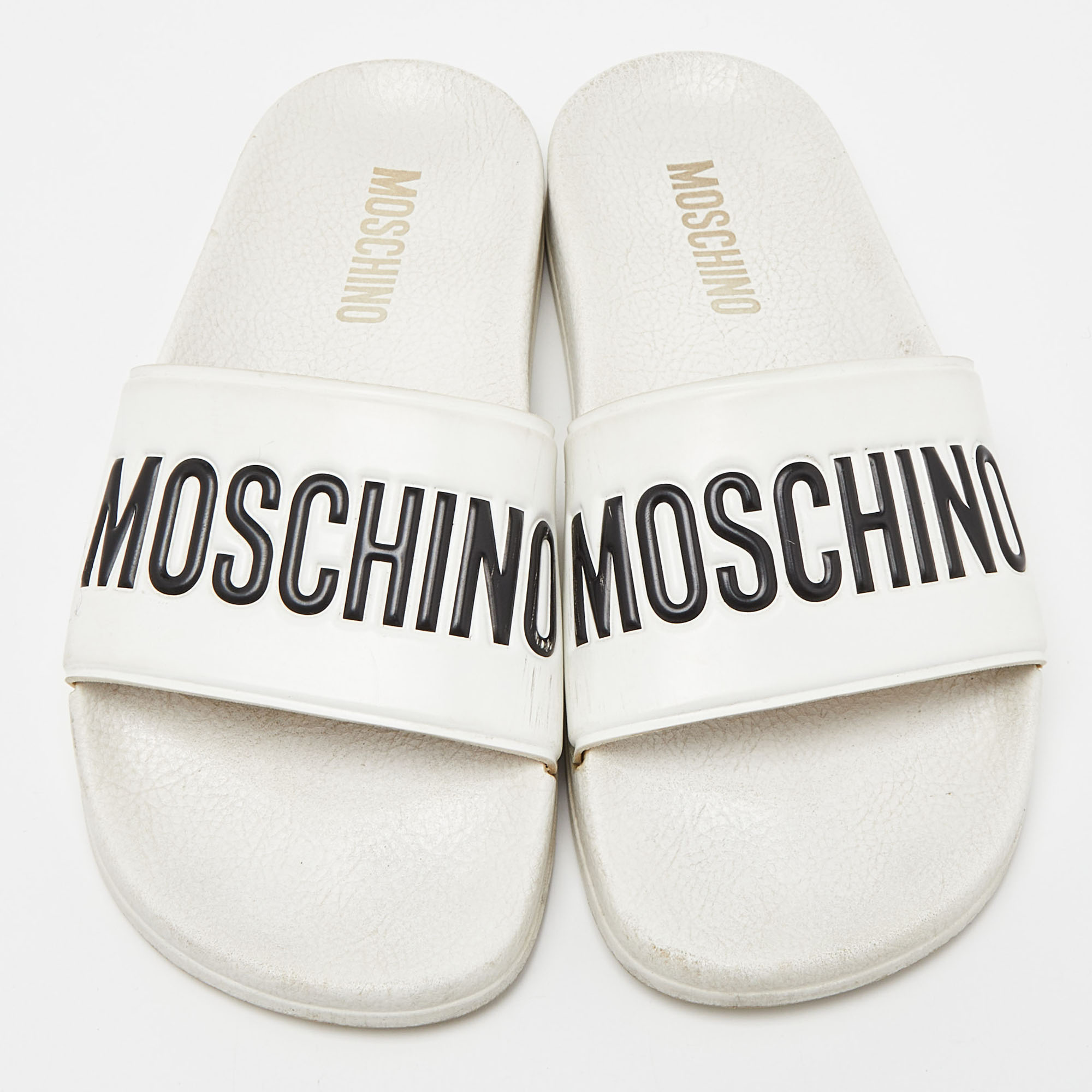 Moschino White Rubber Logo Flat Slides Size 37