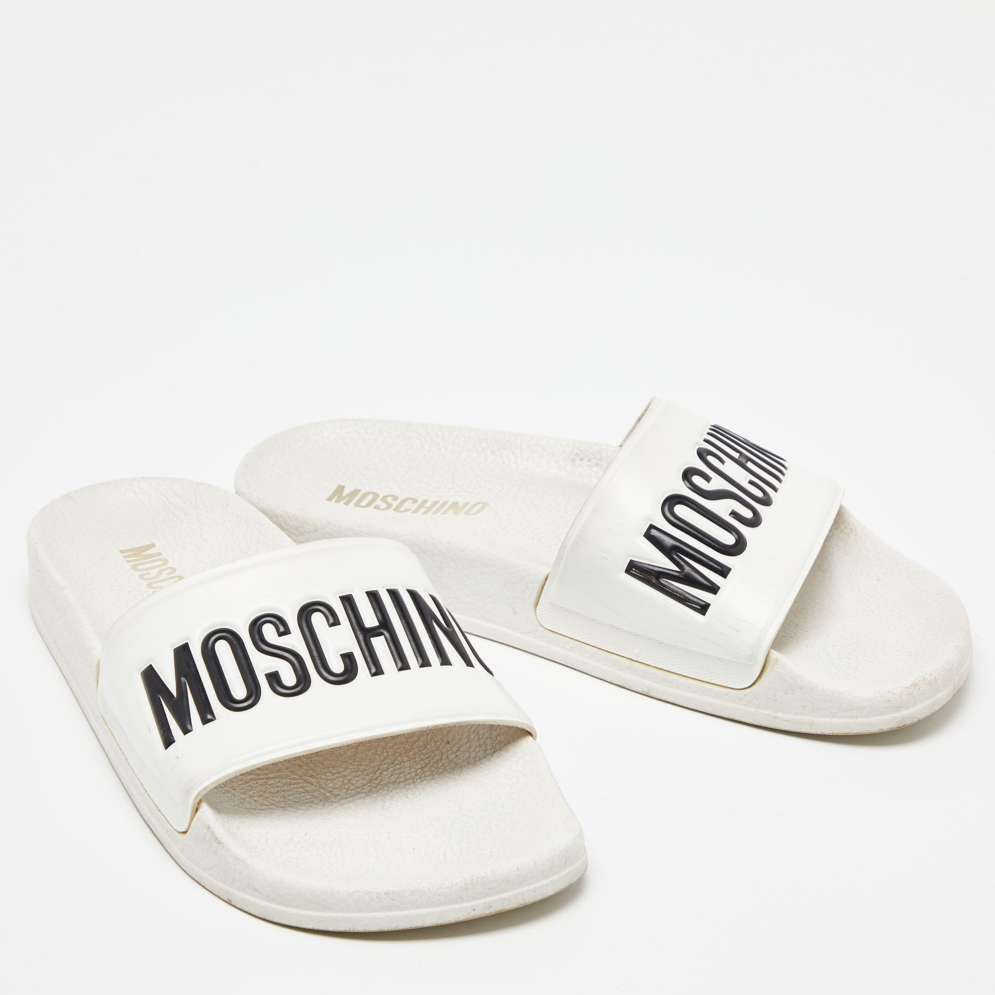 Moschino White Rubber Logo Flat Slides Size 37