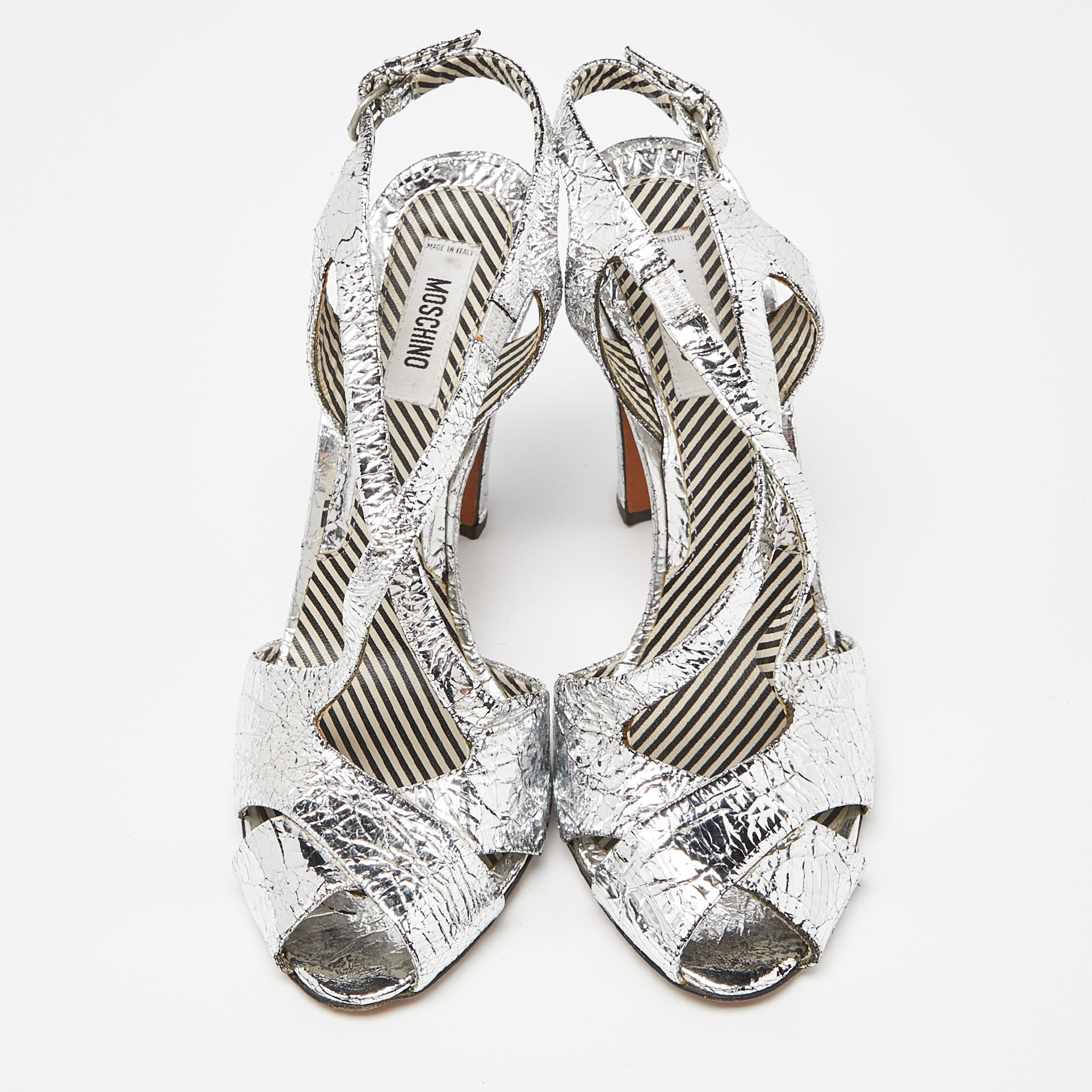 Moschino Silver Crinkled Leather Slingback Sandals Size 38