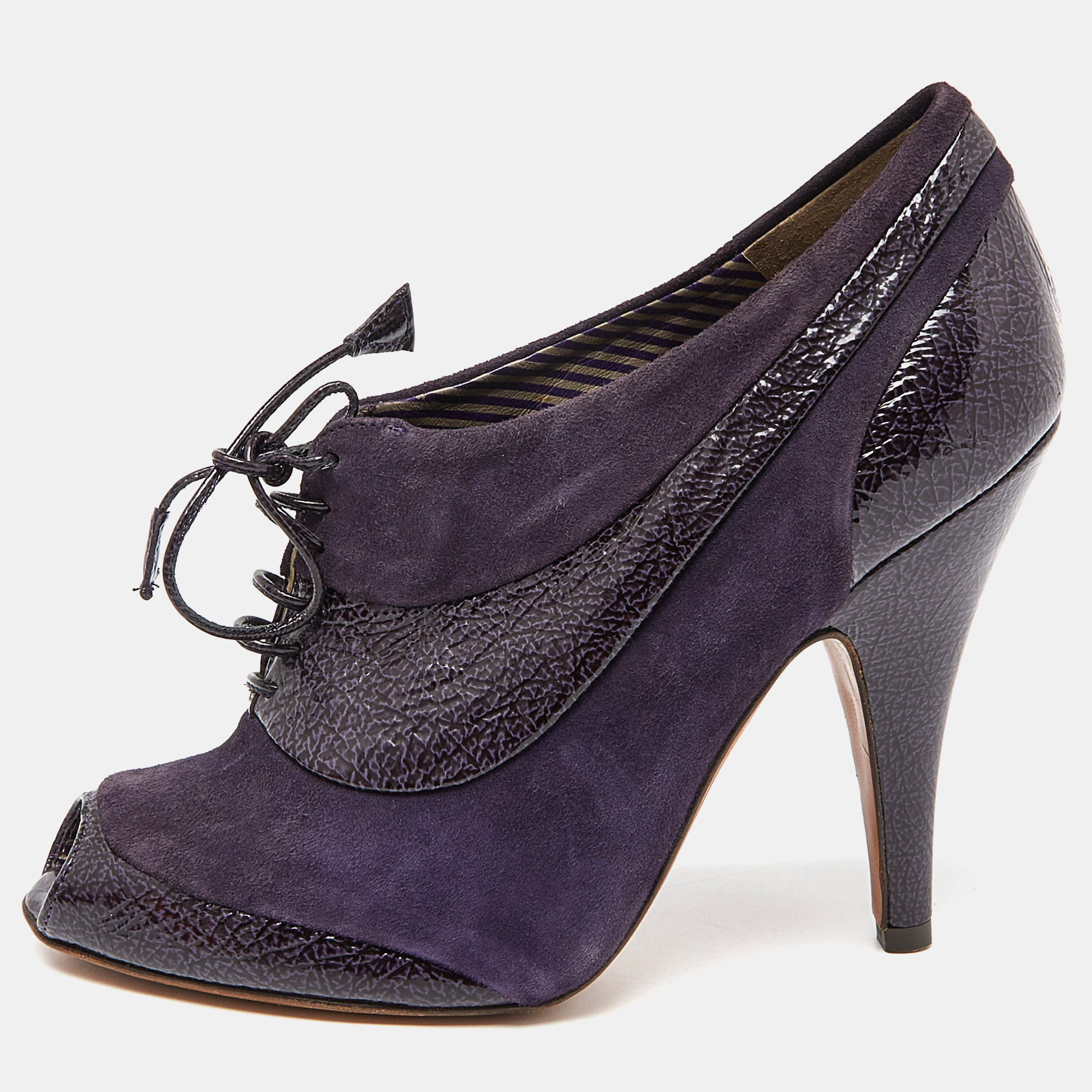 Moschino purple suede and textured leather lace up peep toe ankle booties size 37.5