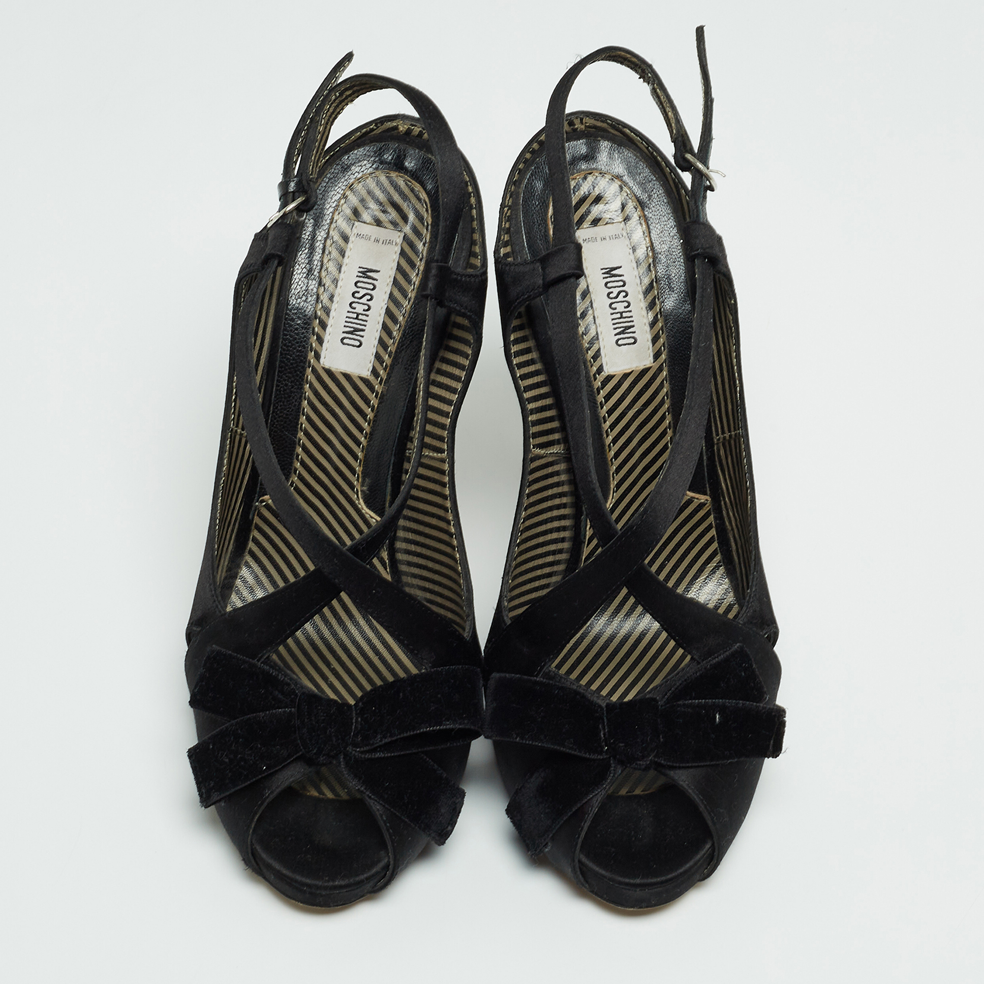 Moschino Black Satin And Velvet Bow Slingback Sandals Size 38.5