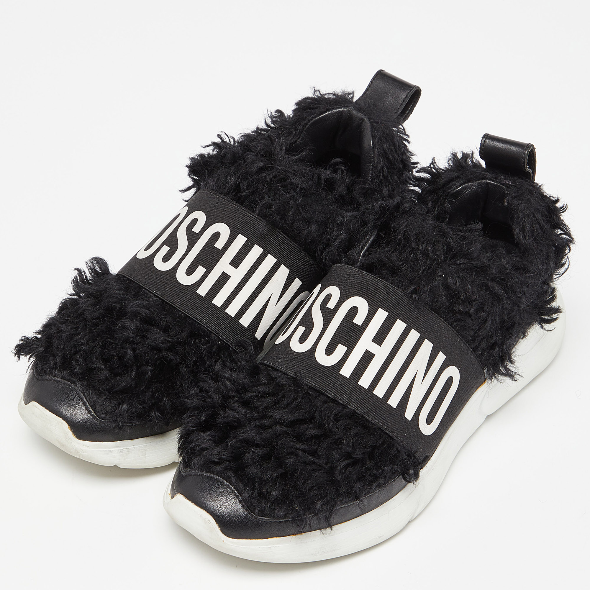 Moschino Black Leather And Faux Fur Logo Slip On Sneakers Size 37