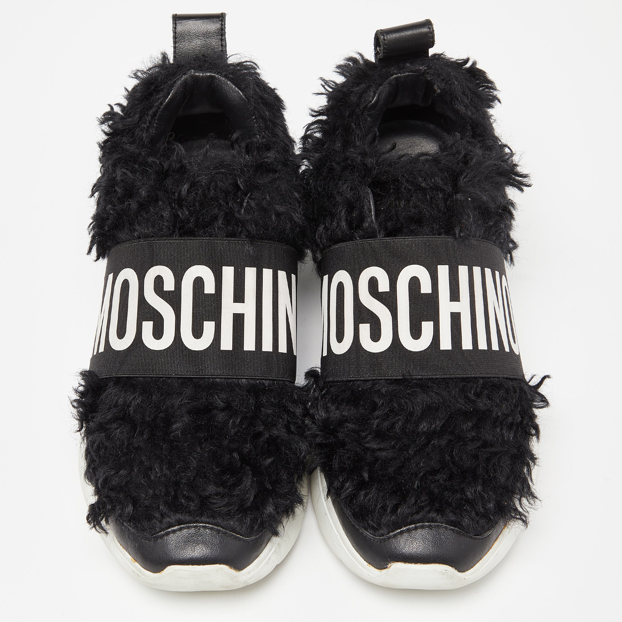 Moschino Black Leather And Faux Fur Logo Slip On Sneakers Size 37