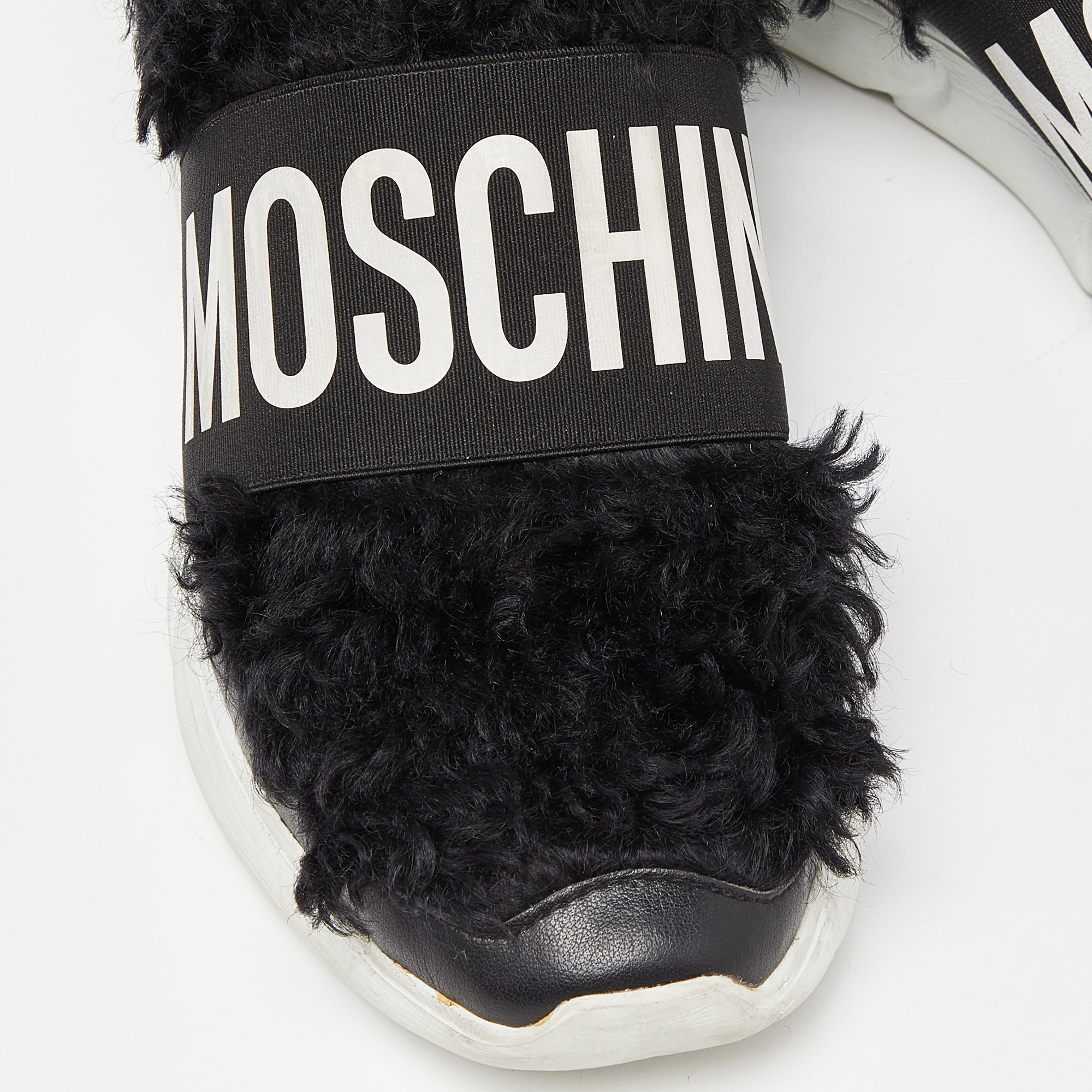 Moschino Black Leather And Faux Fur Logo Slip On Sneakers Size 37