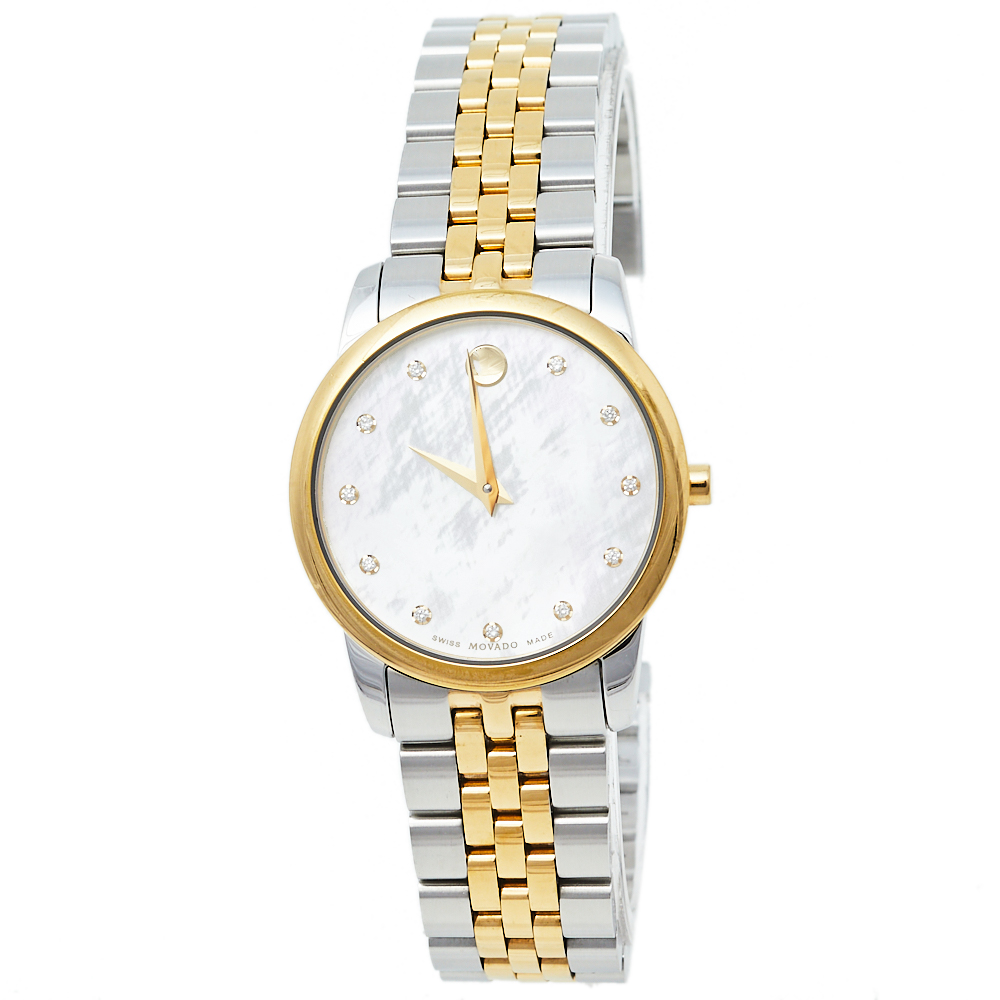 Movado Mother Of Pearl Two-Tone Stainless Steel Diamonds Safiro 0606900 Women's Wristwatch 28 mm