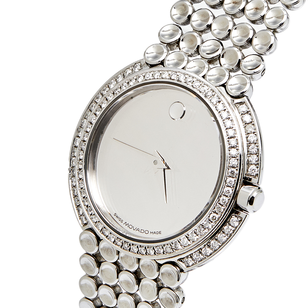 Movado Silver Stainless Steel Diamond Trembrili 84 G4 1830 Women's Wristwatch 32 MM