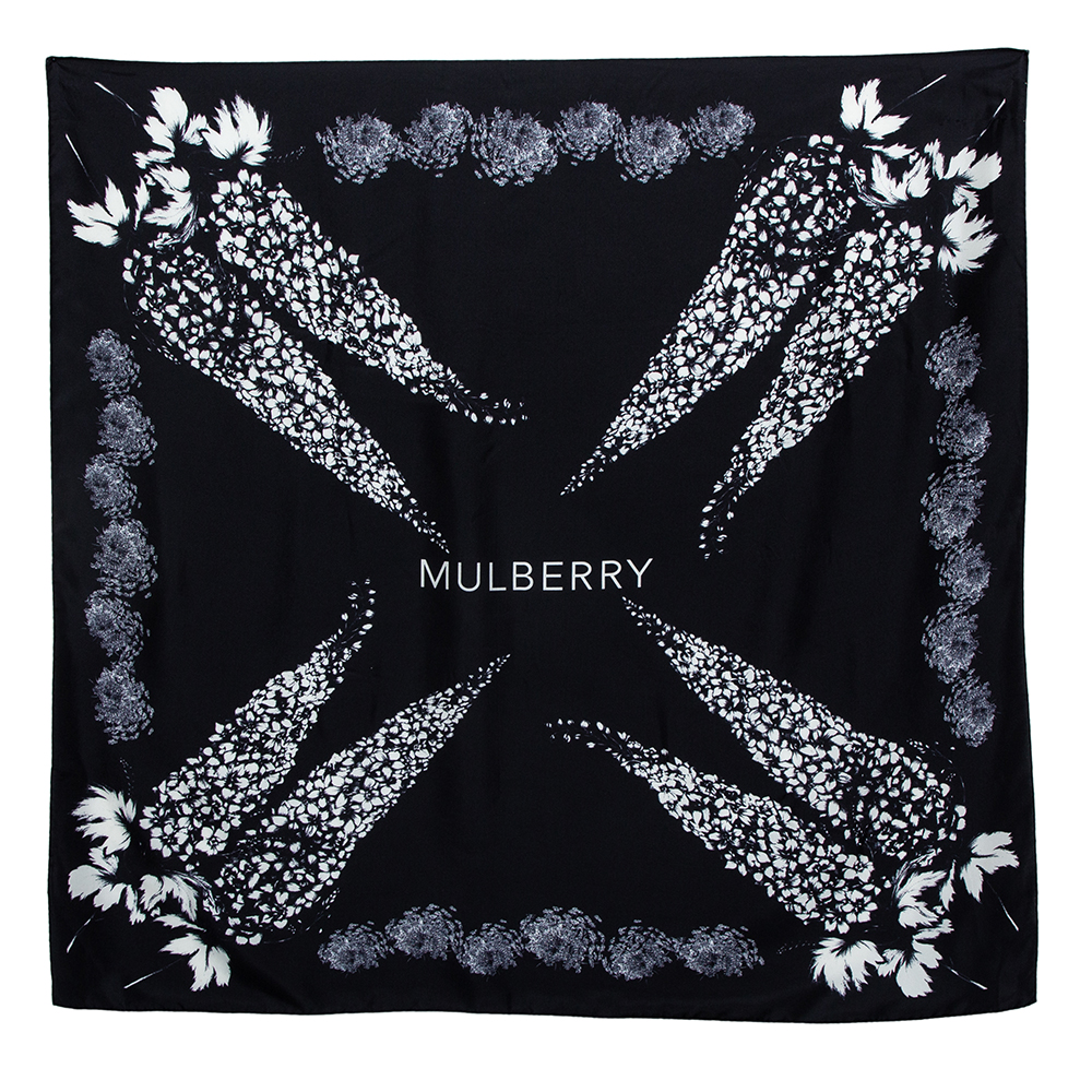 Mulberry Black Floral Logo Print Silk Scarf