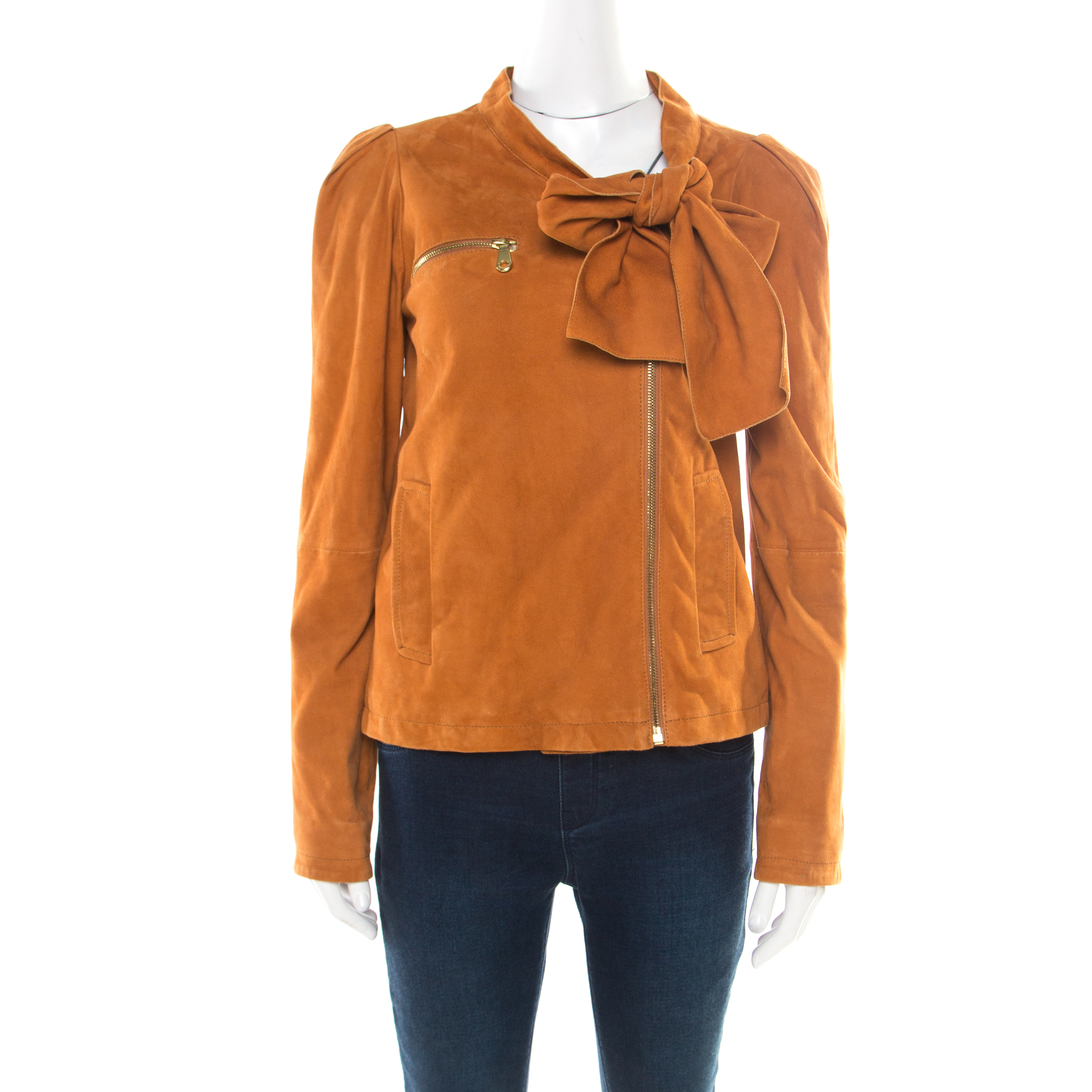 Image of Mulberry Tan Brown Suede Floppy Bow Detail Biker Jacket S
