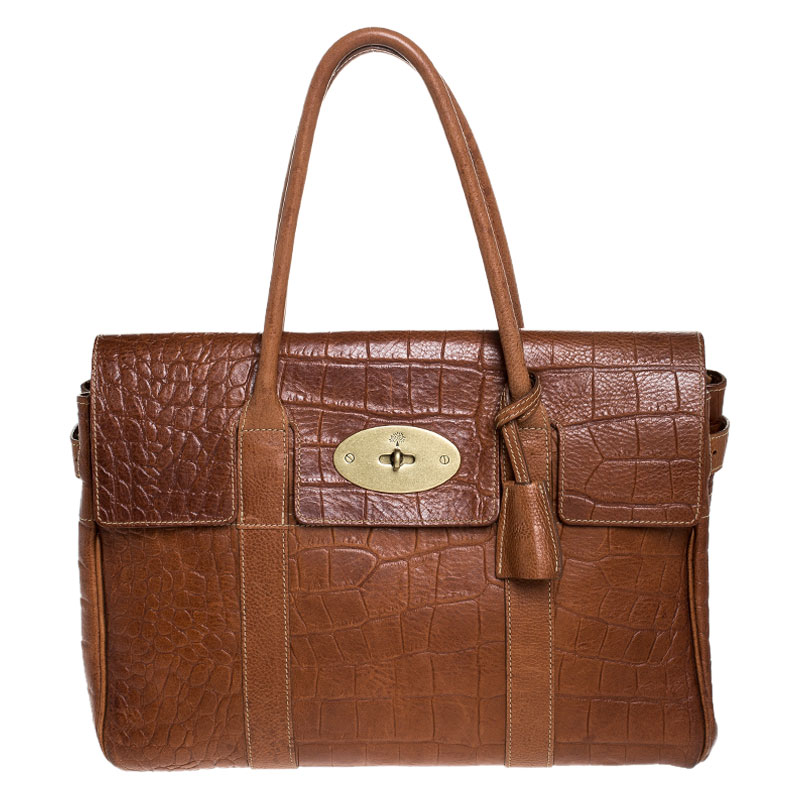 Image of Mulberry Brown Croc Embossed Leather Bayswater Satchel