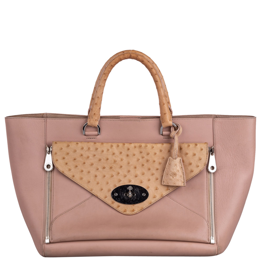 Image of Mulberry Pink/Brown Leather And Ostrich-Trimmed Willow Tote Bag