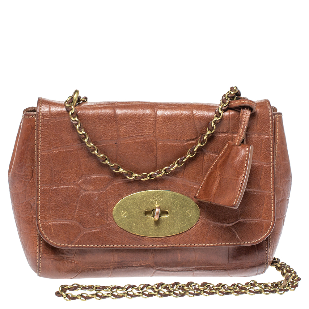 Image of Mulberry Brown Croc Embossed Leather Small Lily Shoulder Bag
