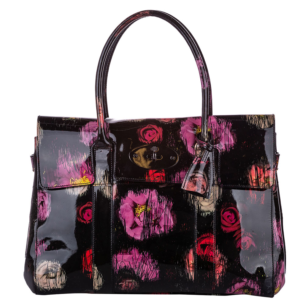 Image of Mulberry Black Printed Patent Leather Bayswater Satchel