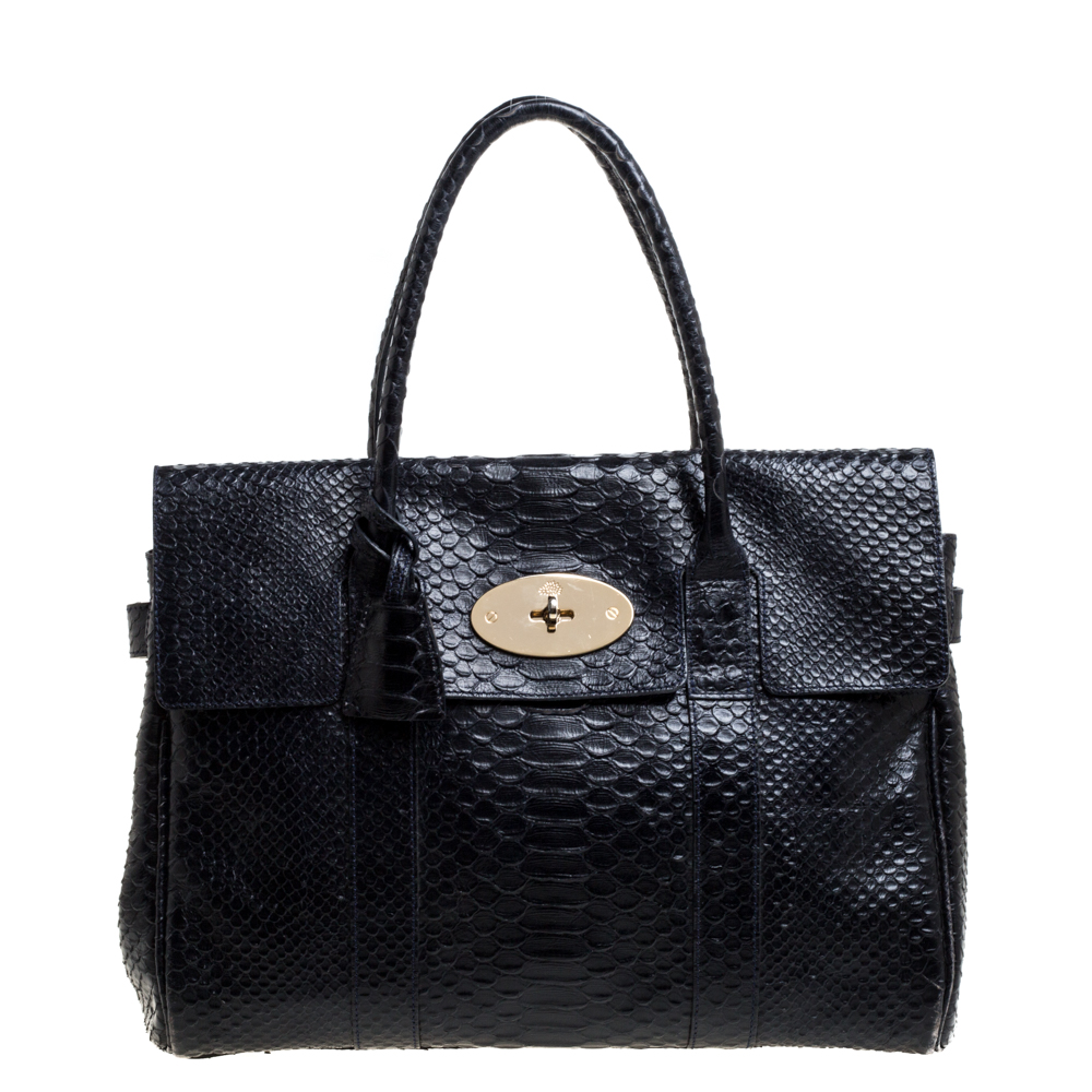 Image of Mulberry Deep Midnight Blue Python Effect Leather Bayswater Satchel