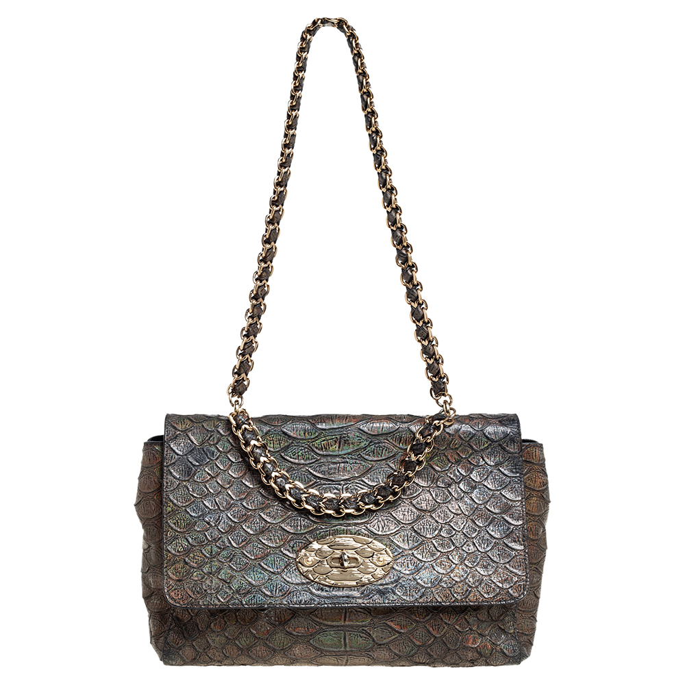 Mulberry Green Iridescent Python Embossed Leather Lily Chain Shoulder Bag