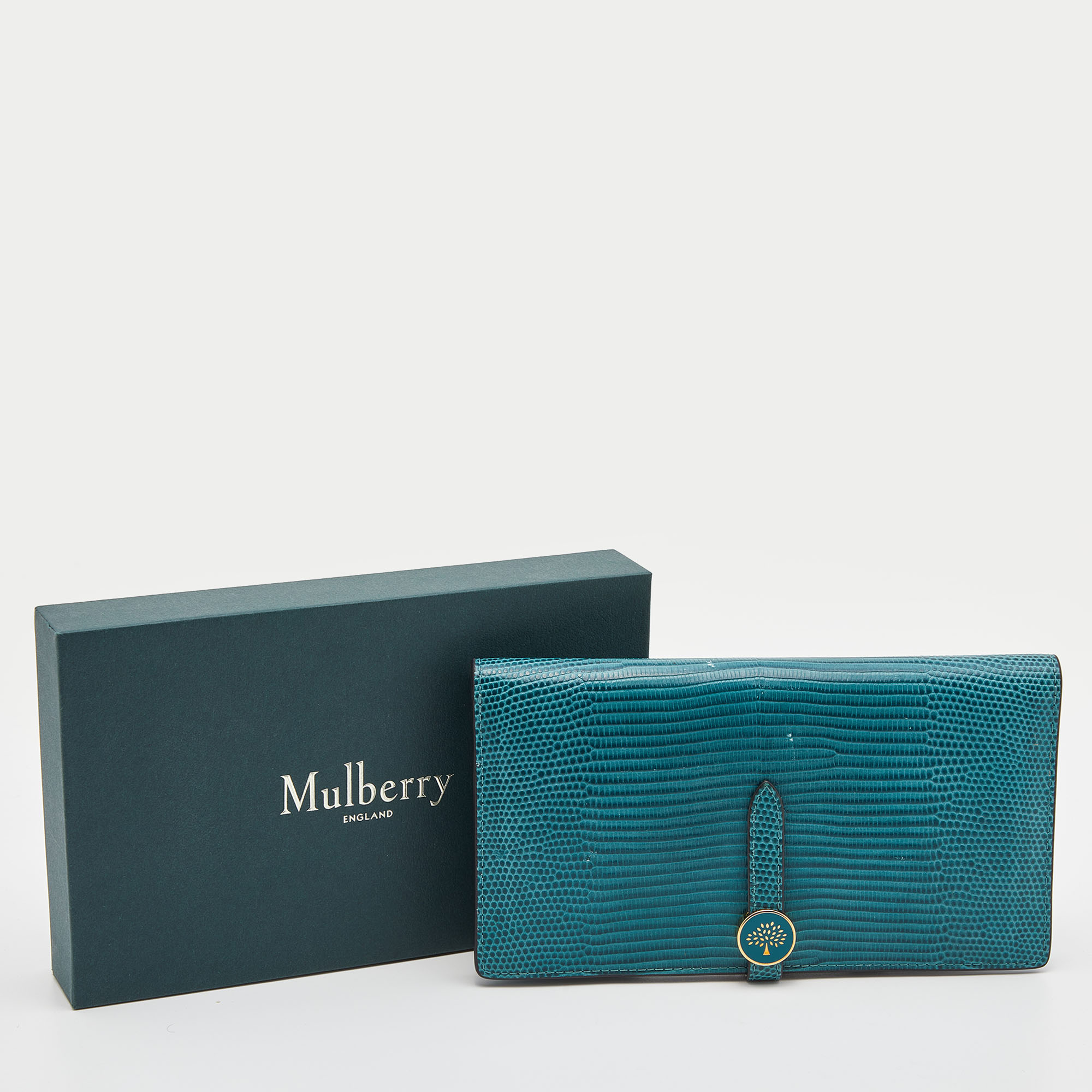 Mulberry Teal Lizard Embossed Leather Tree Long Wallet