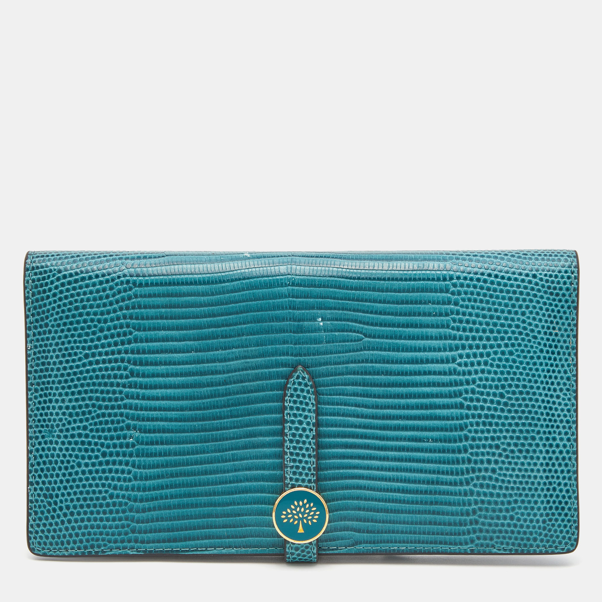 Mulberry Teal Lizard Embossed Leather Tree Long Wallet