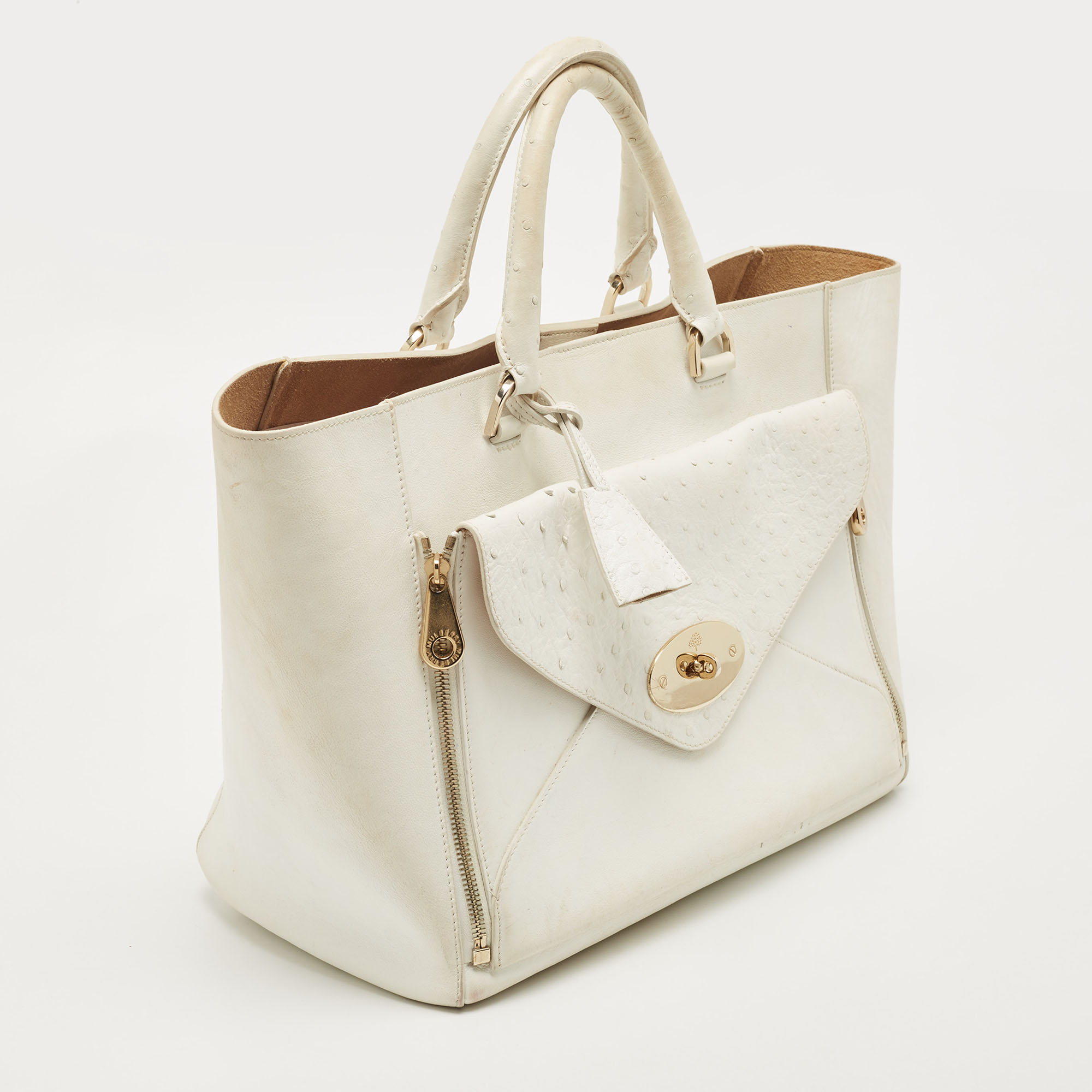 Mulberry White Ostrich Embossed And Leather Willow Tote