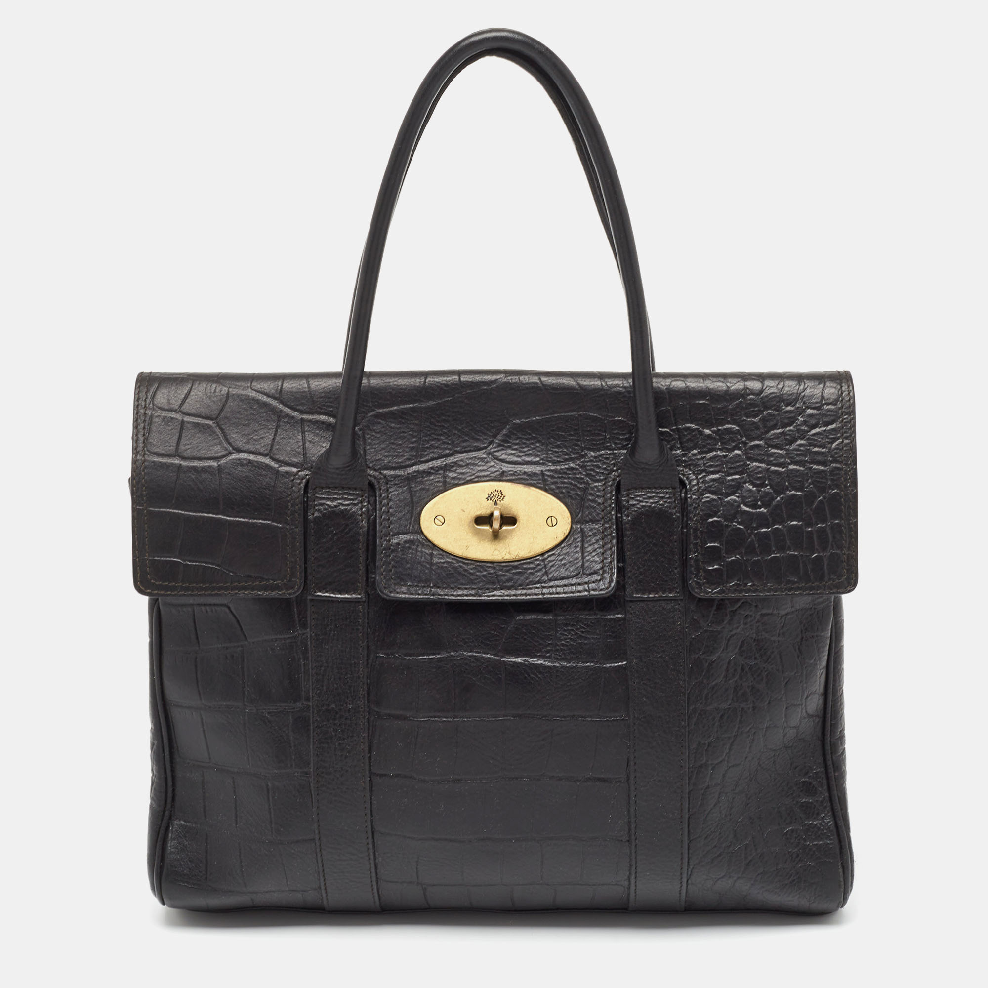 Mulberry Black Croc Embossed Leather Bayswater Satchel