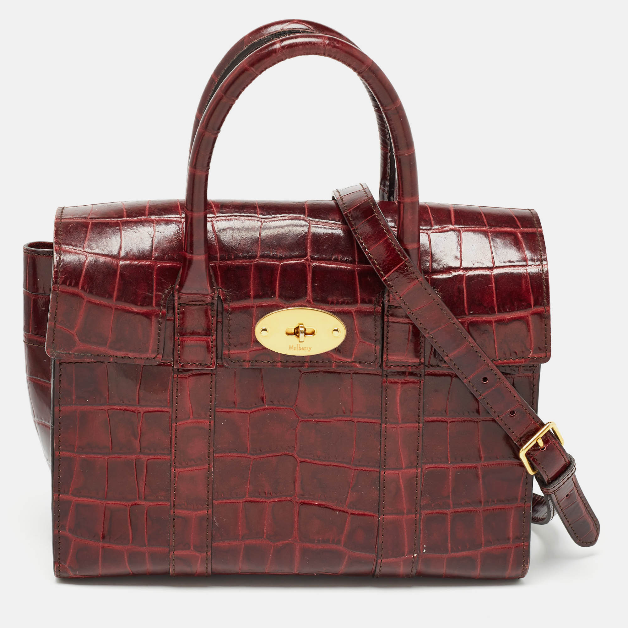 Mulberry burgundy croc leather small bayswater satchel