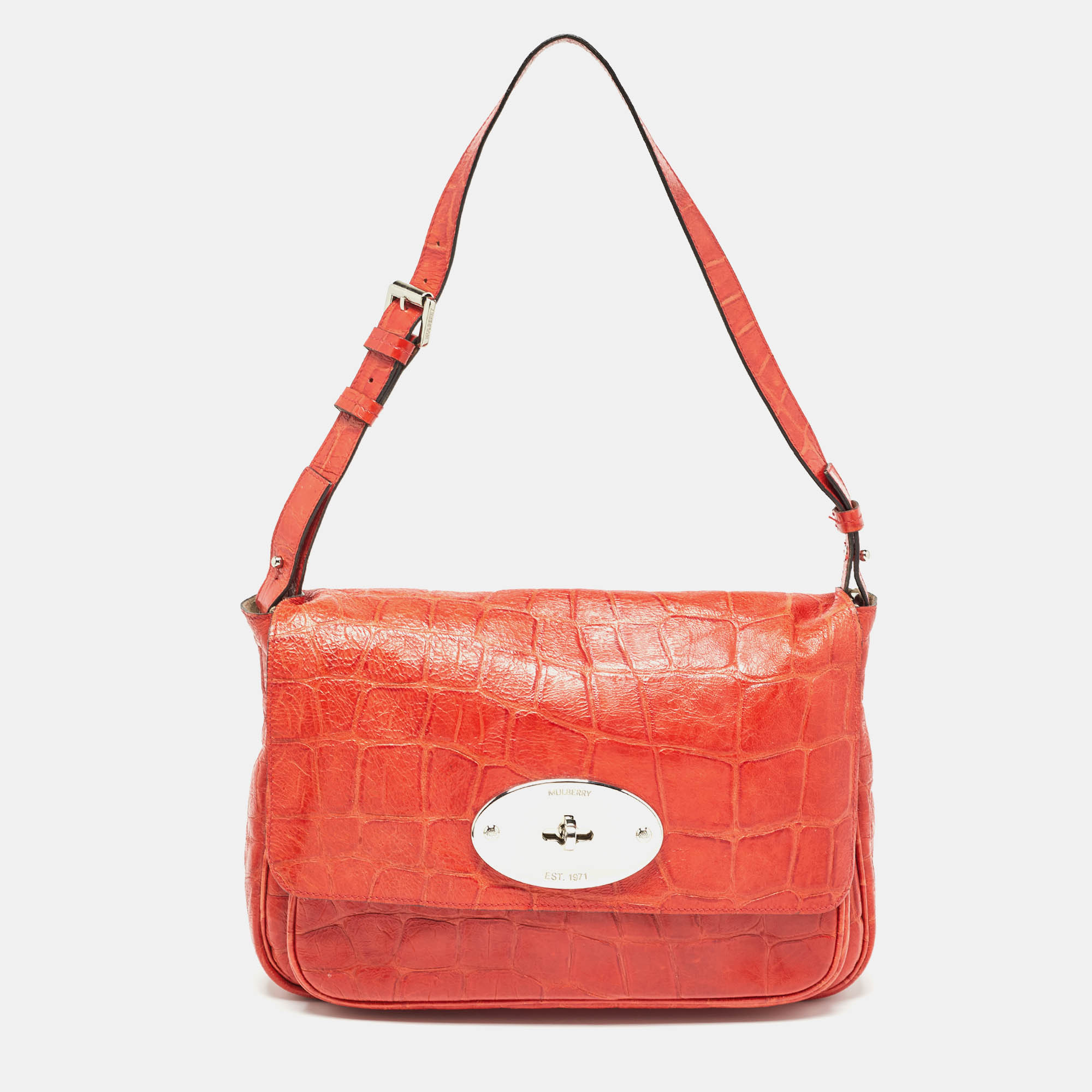 Mulberry coral red croc embossed leather shoulder bag