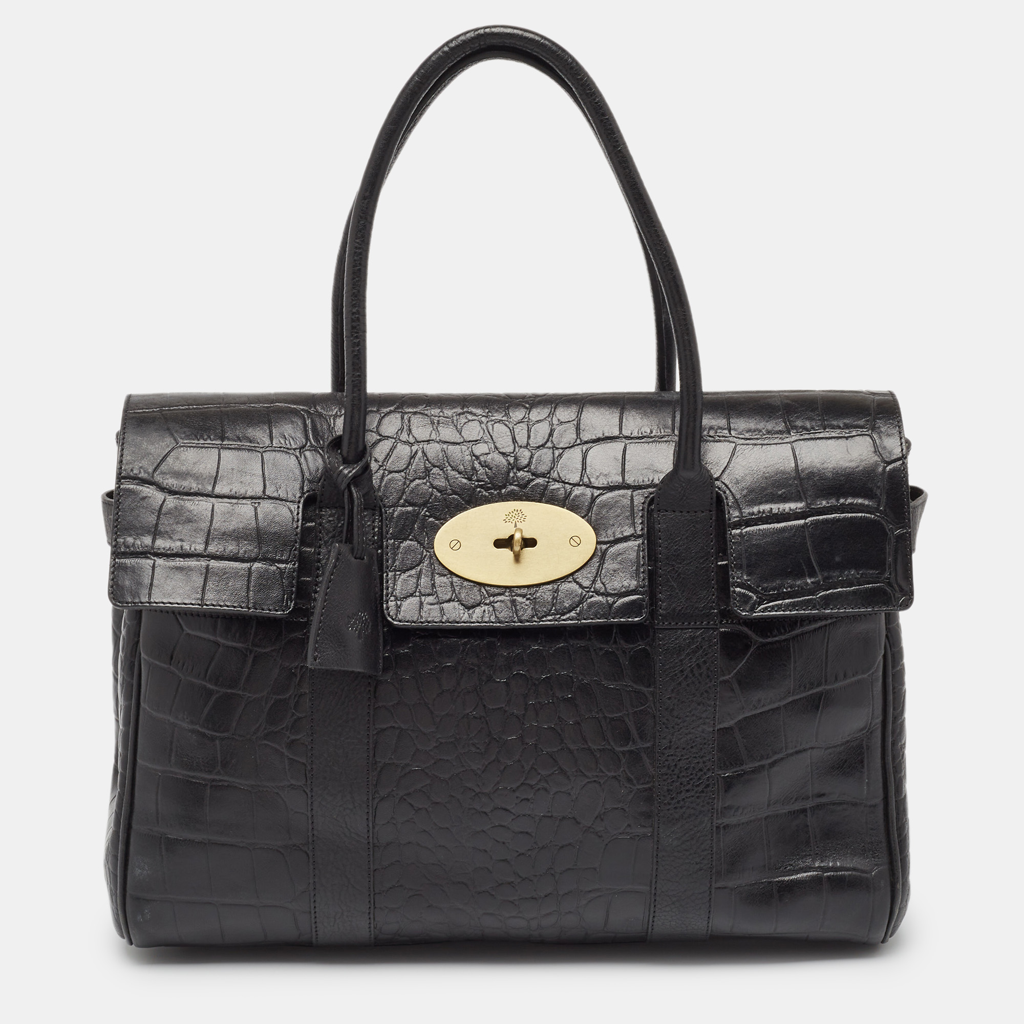 Mulberry black croc embossed leather bayswater satchel