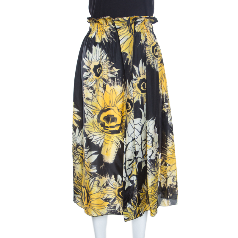 Image of N Black and Yellow Sunflower Printed Silk Asymmetric Pleat Detail Midi Skirt M
