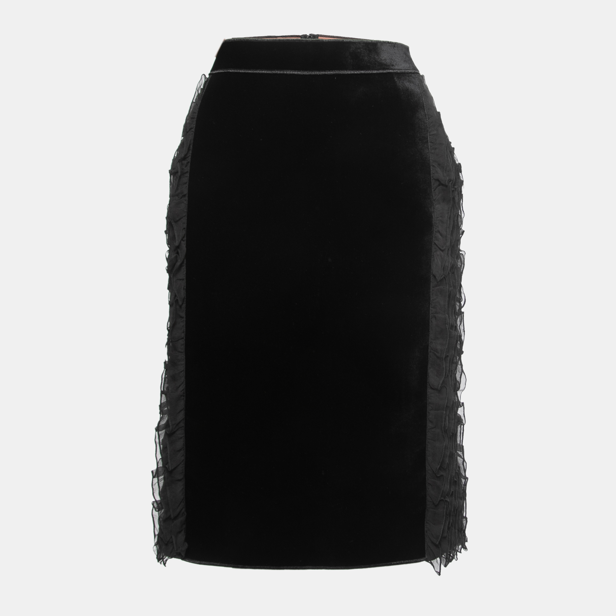 Nº21 Black Velvet Ruffle Trimmed Knee Length Skirt S