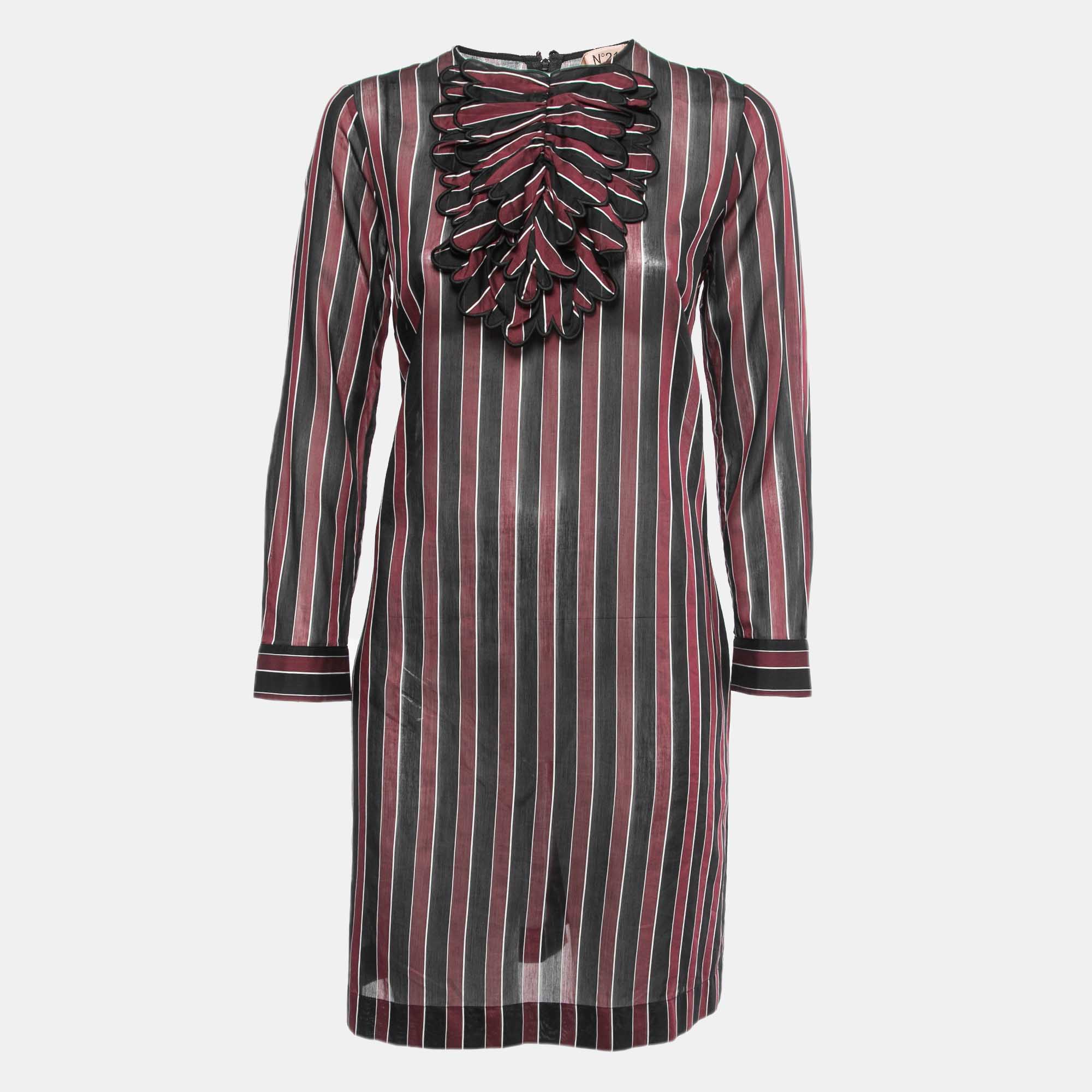 N21 Burgundy/Black Striped Cotton Blend Long Sleeve Short Dress M